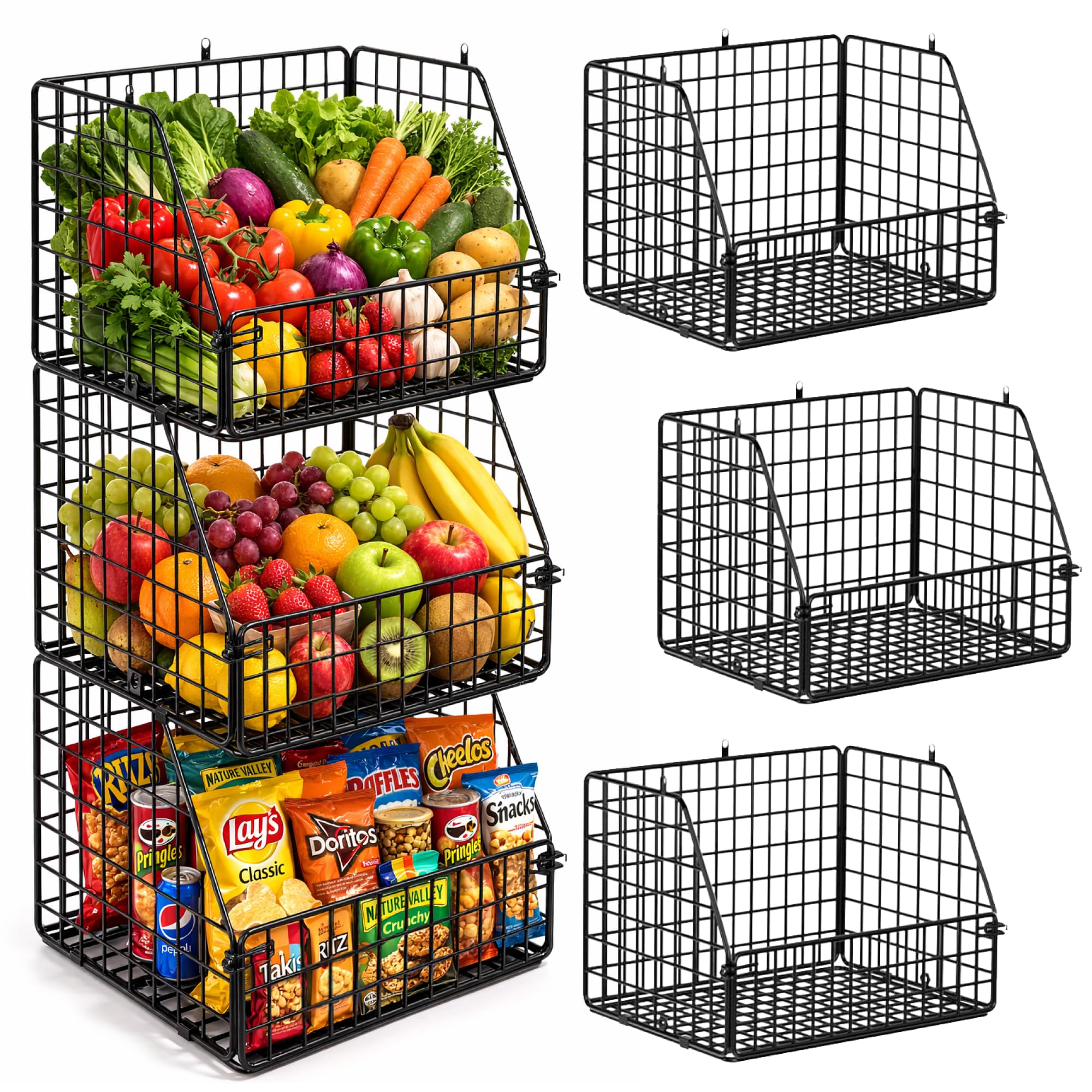 3-Tier Wall Hanging Fruit Baskets for Kitchen Organizing Fruits and Vegetables, Heavy-Duty Wall Basket for Storage, Wire Hanging Fruit Basket for Kitchen & Pantry