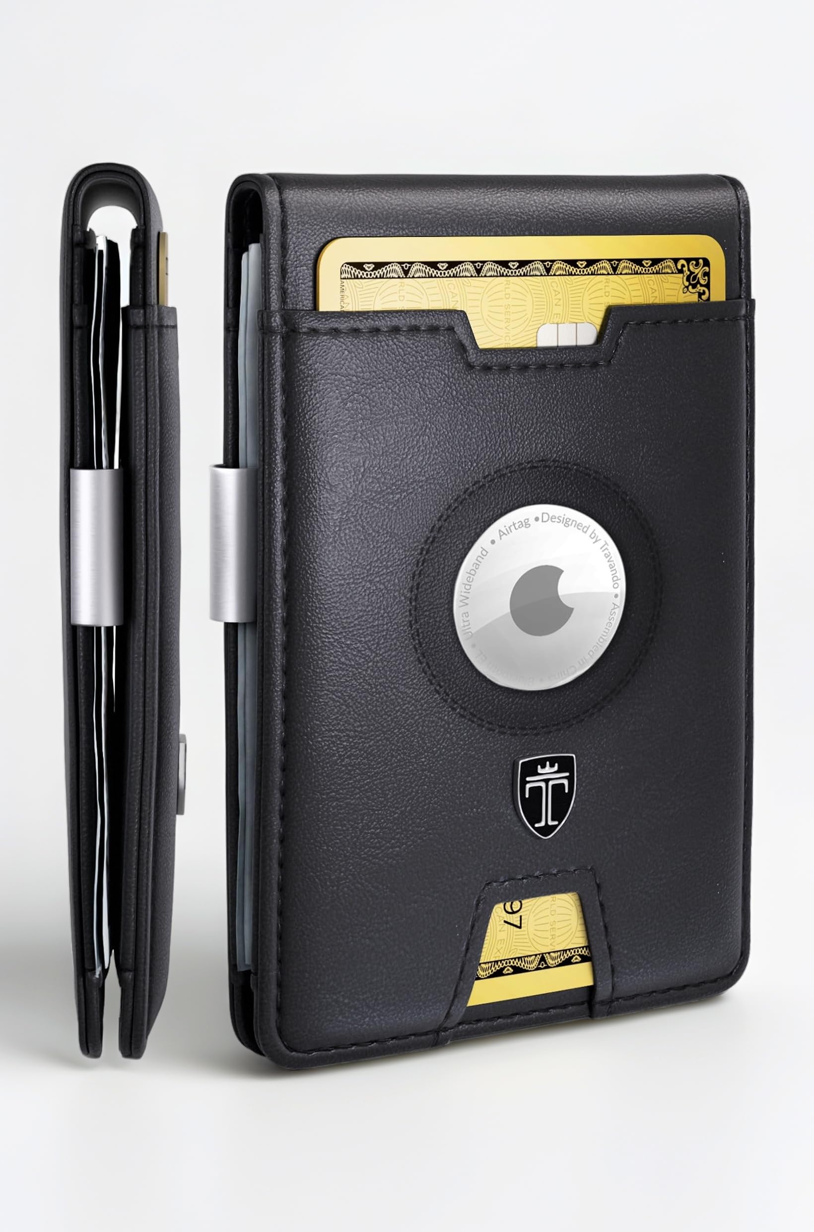 TRAVANDO Men's Minimalist AirTag Wallet with Money Clip, RFID Blocking, Black