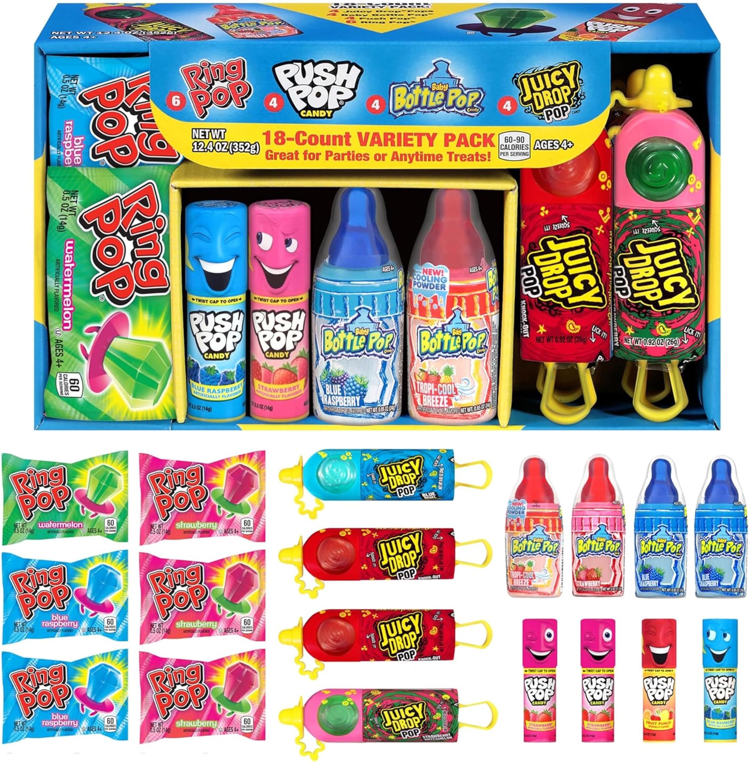 Candy Variety Pack, 18 Count Assorted Lollipops, Bulk Individually Wrapped Ring Pop, Push Pop, Baby Bottle Pop & Juicy Drop, Ideal for Birthdays, Party Favors for Kids & Hard Candy Gifts