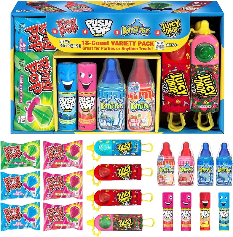 Paquete variado de dulces, 18 piruletas surtidas, envueltas individualmente a granel | Ring Pop, Push Pop, Biberón y Gota Jugosa, Ideal para Cumpleaños, Favores de Fiesta para Niños y Regalos de Caramelos Duros, 1.7 libras