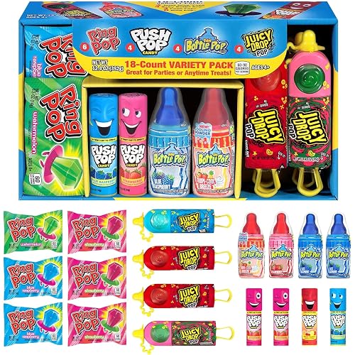 Candy Variety Pack, 18 Count Assorted Lollipops, Bulk Individually Wrapped Ring Pop, Push Pop, Baby Bottle Pop & Juicy Drop, Ideal for Birthdays, Party Favors for Kids & Hard Candy Gifts