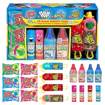 Candy Variety Pack, 18 Count Assorted Lollipops, Bulk Individually Wrapped | Ring Pop, Push Pop, Baby Bottle Pop & Juicy Drop, Ideal for Birthdays, Party Favors for Kids & Hard Candy Gifts, 1.7 pounds