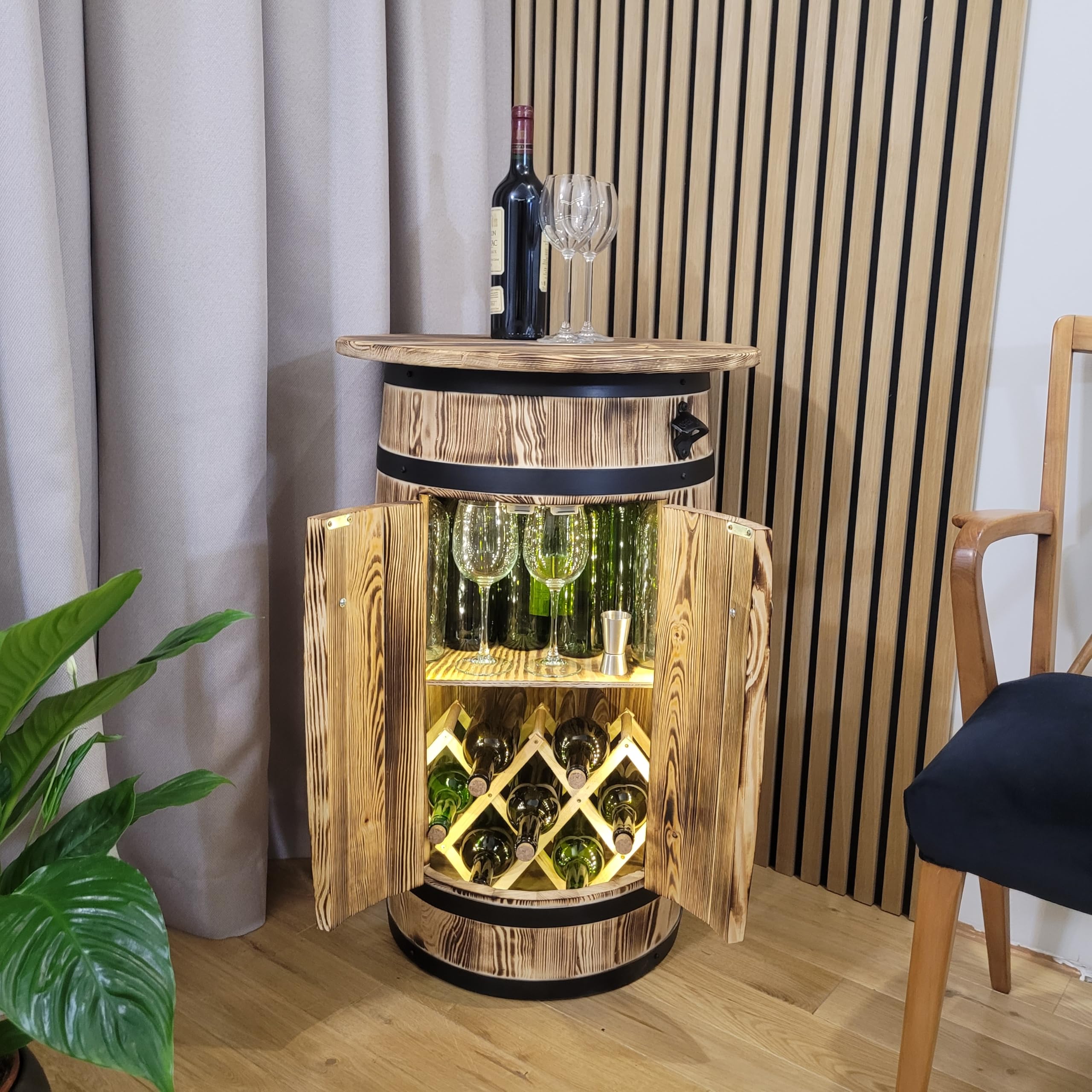 weeco Holzfass mit großer Ablagefläche und LED-Beleuchtung sowie klappbarem Weinregal für Zuhause und Gastronomie, Flaschenschrank für Alkohol, Flambiertes Holz 80x55x44 cm