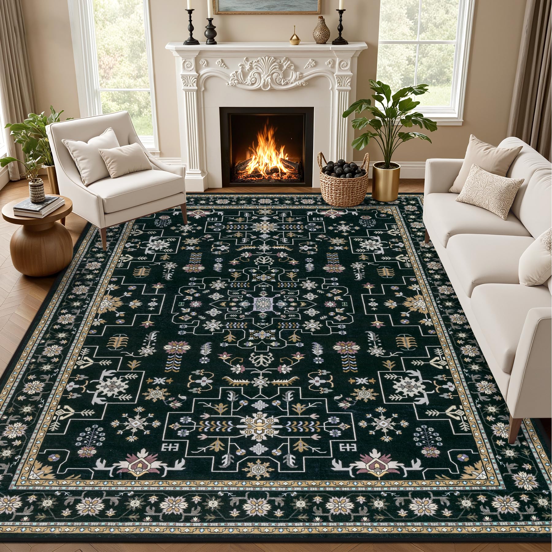 Photo 1 of Area Rugs 10x12 Living Room Rug: Washable Rug Soft Vintage Boho Medallion Carpet Indoor Floor Non-Slip Stain Resistant Large Carpets for Bedroom Dining Room Farmhouse Nursery Home Office Black