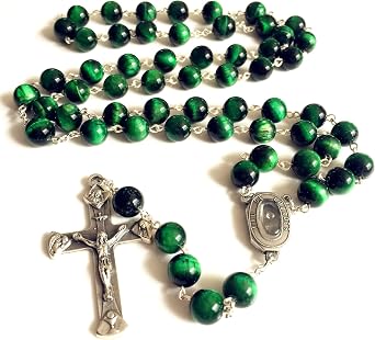 elegantmedical HANDMADE 10MM green Tiger Eye Bead Rosary CROSS catholic necklace Lourdes Water medal