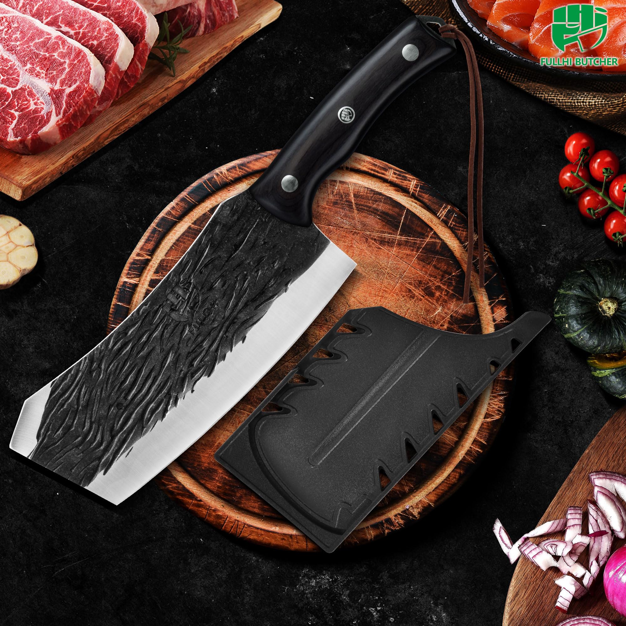 FULLHI Coltelli da cucina con fodero, coltello da chef con manico in legno per cucinare e tagliare la carne, coltelli per verdure e frutta. (nero, 30,2)