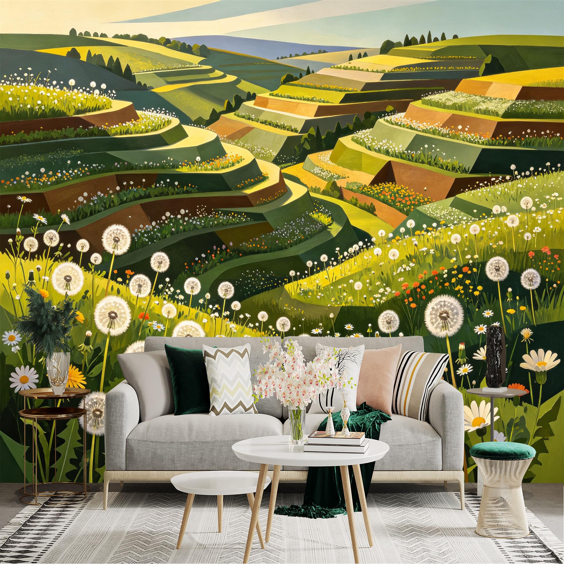 Lnzczhyre Dbh260521527 Custom Size Wall Sticker Mural， Rolling Green Terraced Hills， Spring Wildflower Meadow， Dandelion Field， Sunny Landscape， For Wall Decoration， Peelandstick Wall Decals.