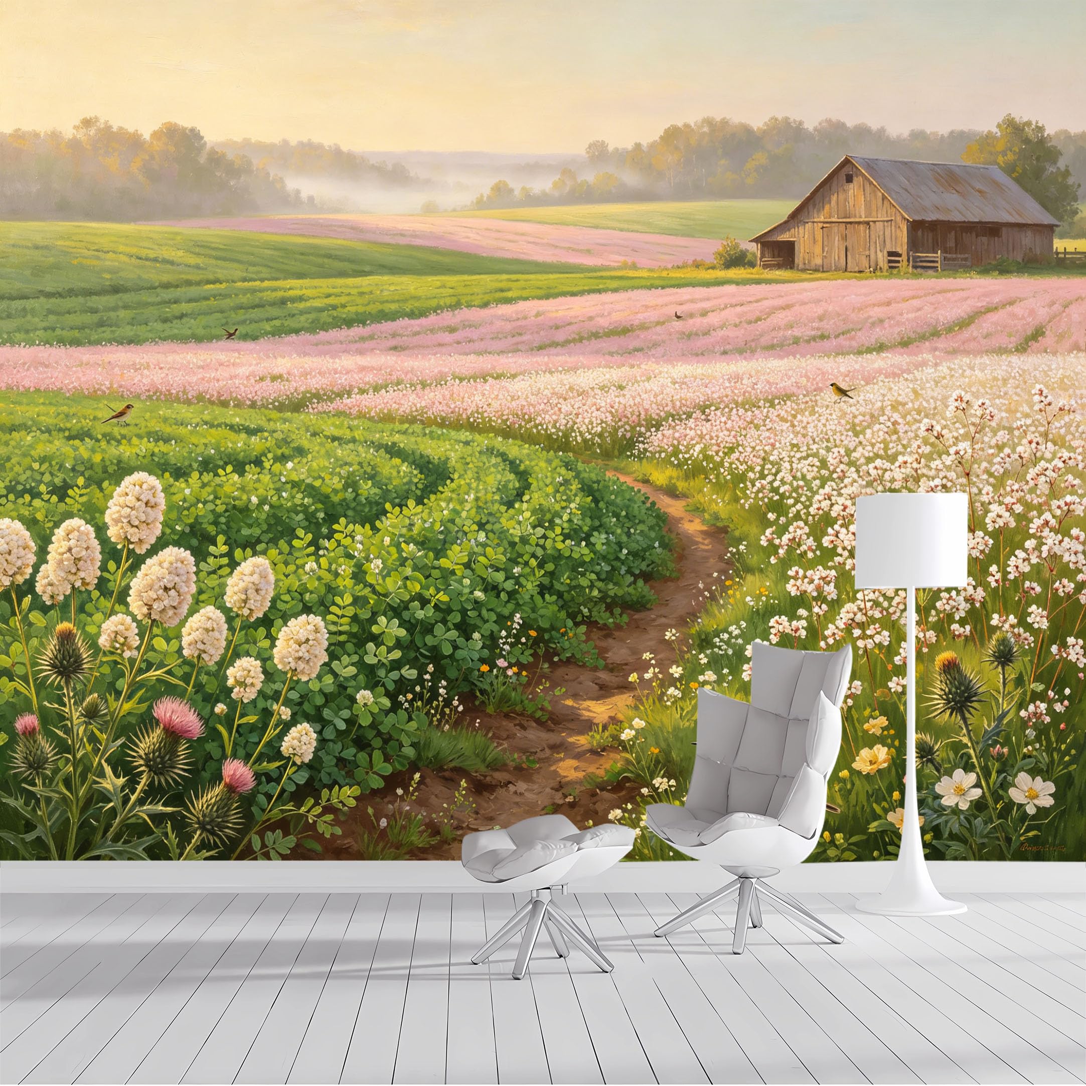 Custom Size Wall Mural Pastoral Landscape Farmhouse Barn Floral Painting SelfAdhesive Wall Fabric Removable Peel and Stick Wallpaper Wall Decor for Living Room Bedroom Bathroom