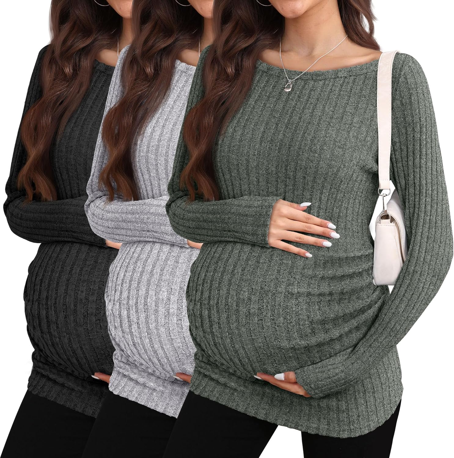 3 Pack Fall Maternity Shirts Long Sleeve Maternity Sweaters Boat Neck Ribbed Lightweight Pregnancy Winter Tops(Army Green, Light Gray, Black,Small)