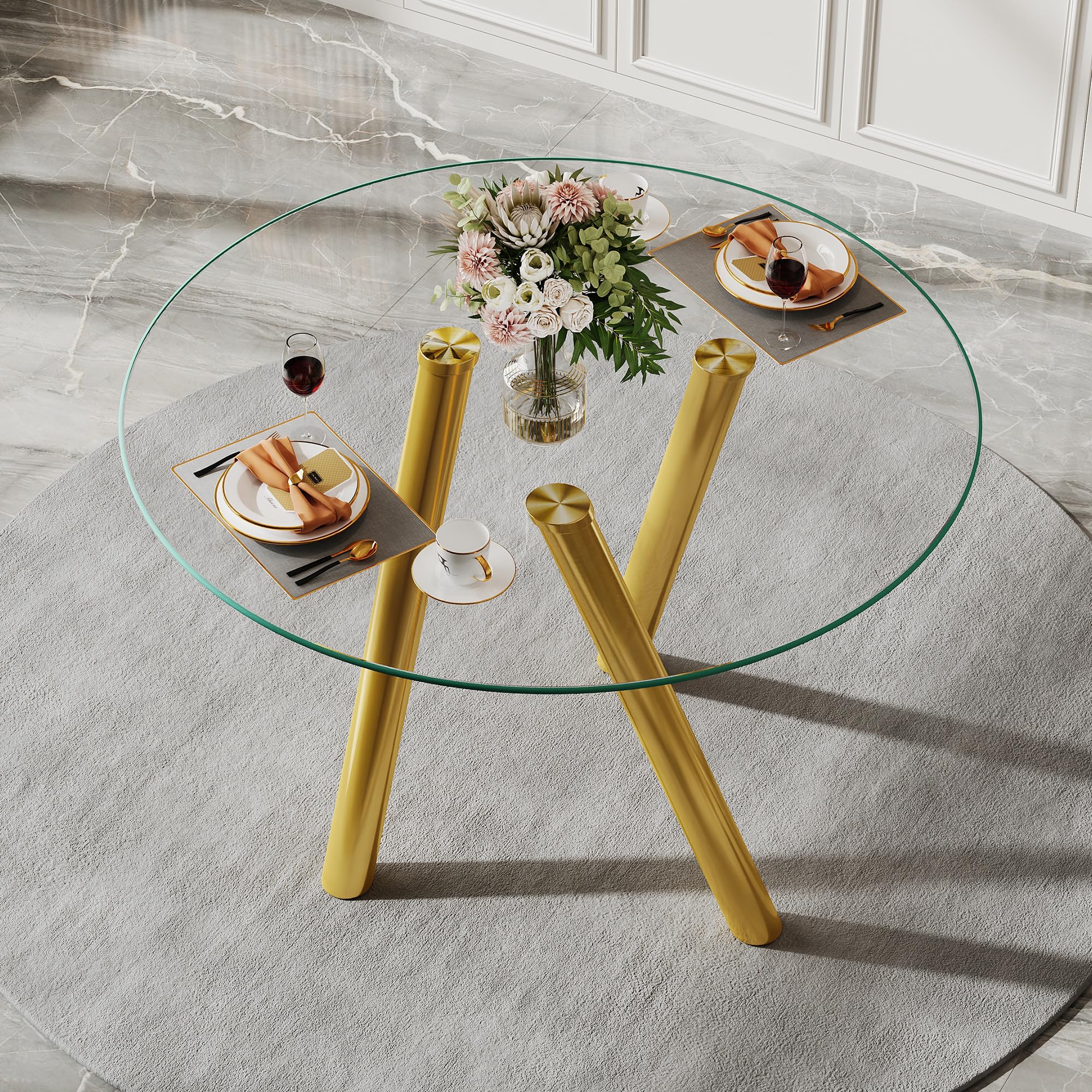 Table à Manger Ronde en Verre Trempé, Pieds en Métal Doré, Or, 89 cm