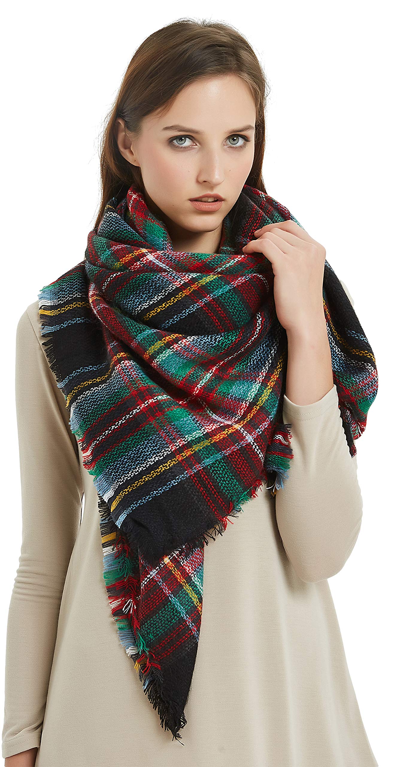 Vivian & Vincent Women's Christmas Deep Red Green C14 Fall Winter Scarf Classic Tassel Plaid Tartan Scarf Warm Soft Chunky Large Blanket Wrap Shawl Scarves Christmas Deep Red Green