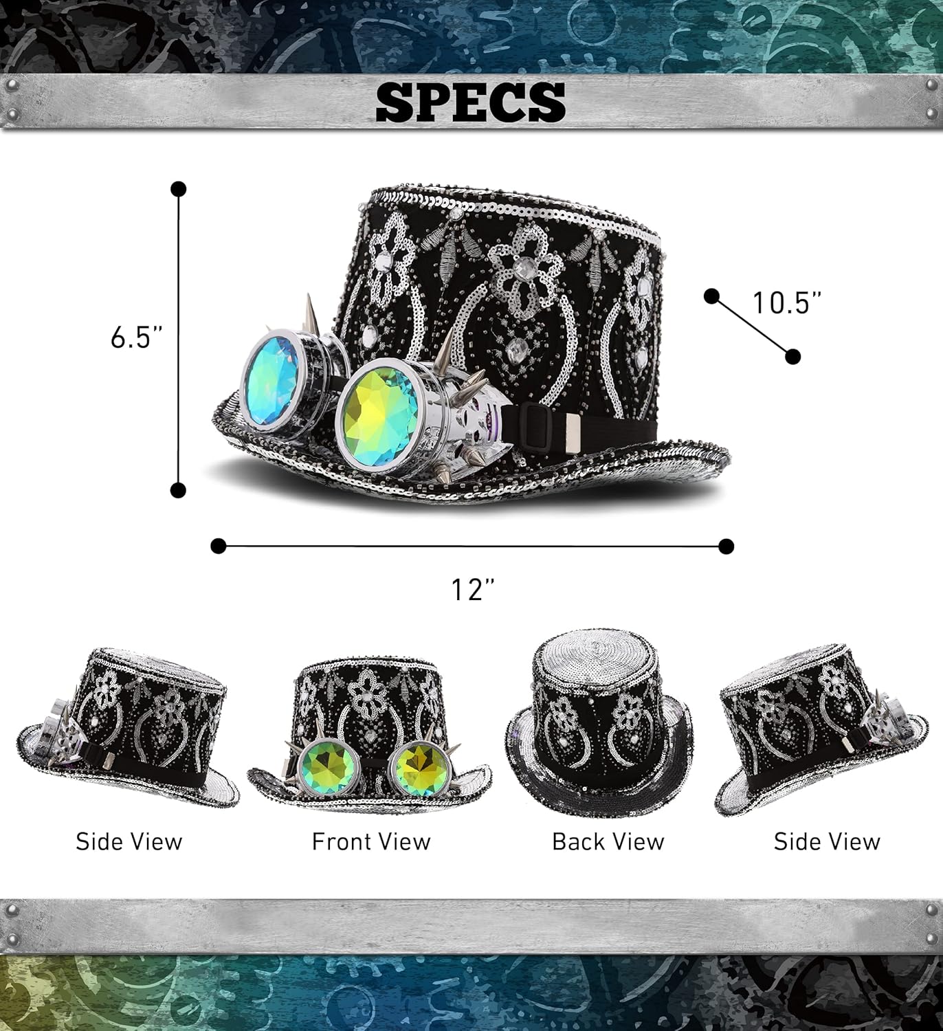 Silver Paillette Steampunk Hat with Goggles - Costume Party Hat