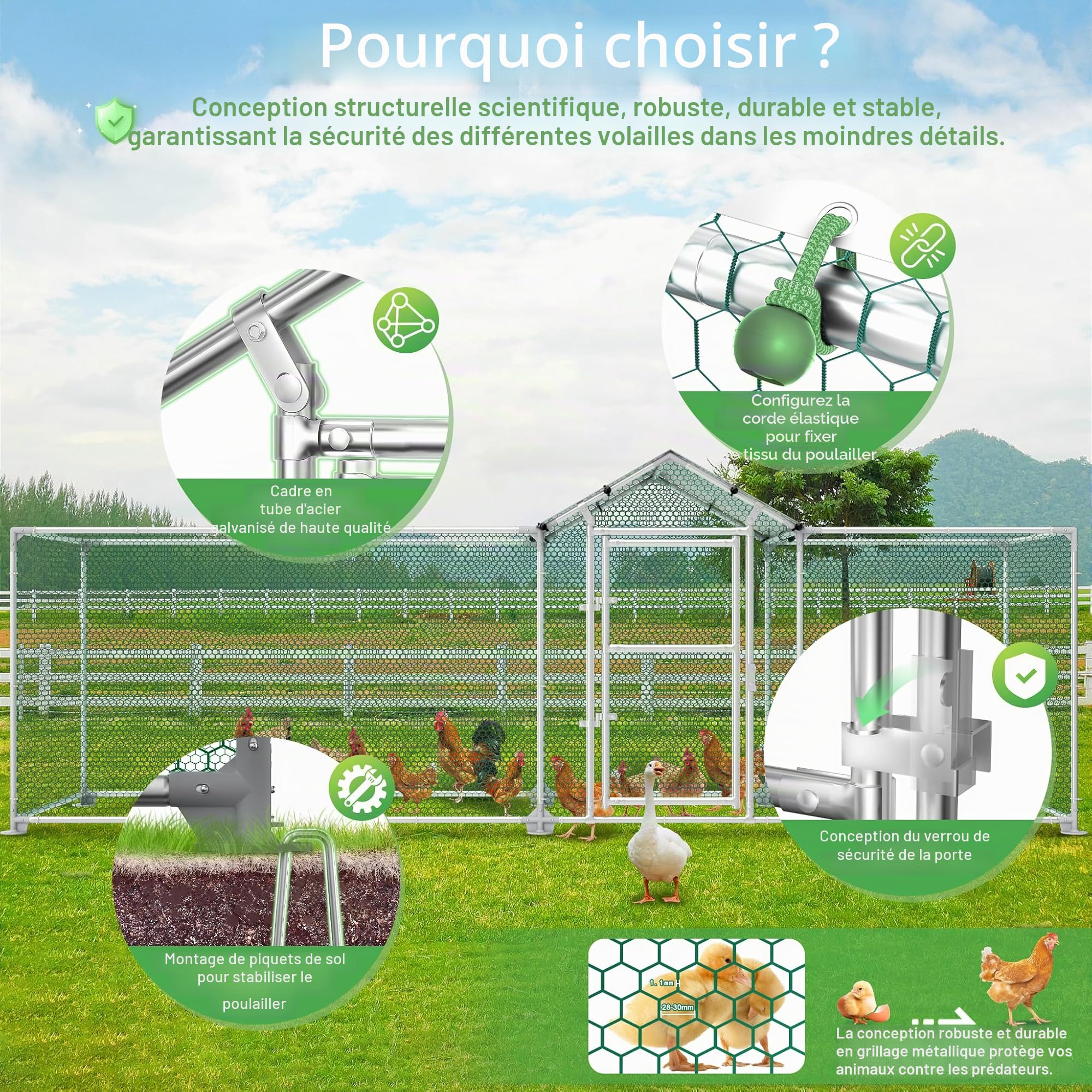 UISEBRT Enclos pour poulailler - 5 x 1 x 1,5 m - Cadre en acier galvanisé - Enclos avec serrure pour poules, petits animaux