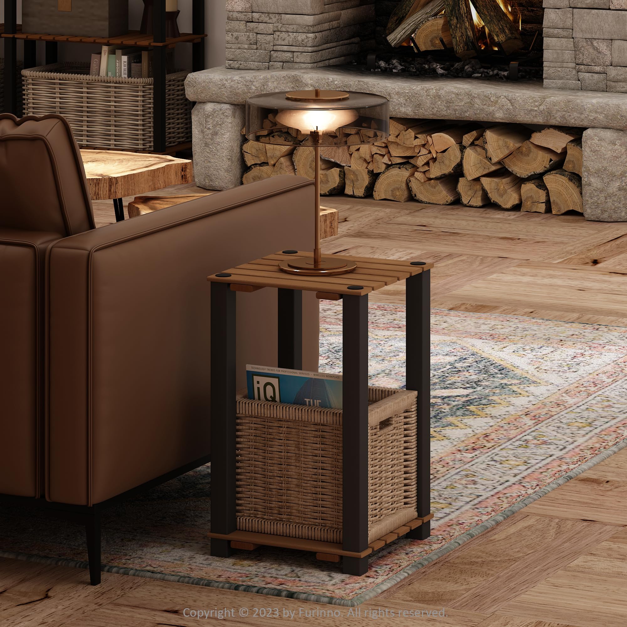 Furinno TURN-N-TUBE 2-Tier Wood Slat Square End Table with Open Shelves, Natural/Black