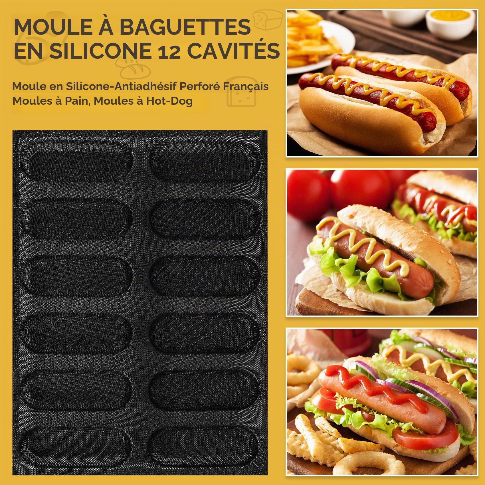 Moule à en silicone, anti-adhésif, à 12 , pour baguettes, tôle, hot dog, 40 x 30 x 2,2 cm