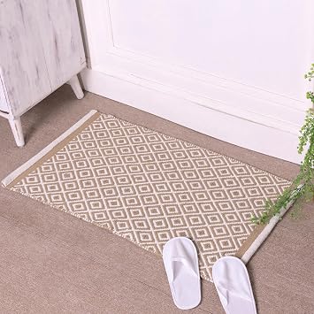 RAJRANG Cotton Bath Rug Woven Geometric Diamond Cotton Bath Mats Rugs, Reversible Rugs, Entry Mat, Machine Washable, Durable - Ginger Beige, 21x34 Inches