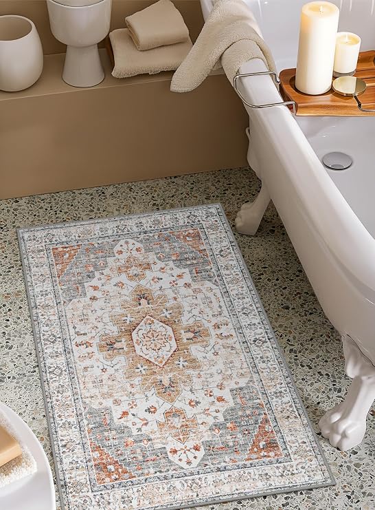 Moynesa Ultra-Thin Washable Entryway Rug 2x3 Rug, Small Kitchen Rugs for Entryway Indoor Non Slip, Vintage Throw Mat for Front Door Entrance Bathroom Laundry Room, Beige/Gold
