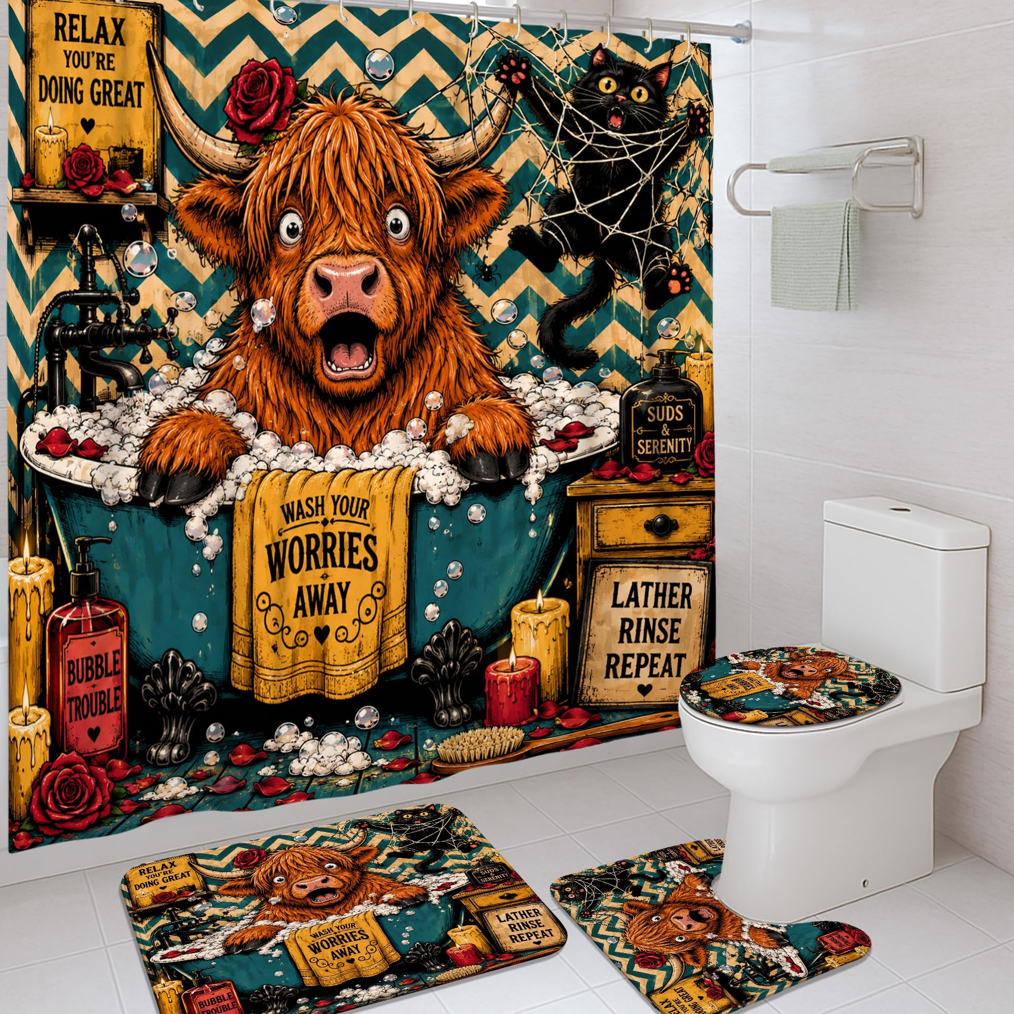 Rideau de douche vache des Highlands vintage en polyester imperméable 183x183 cm