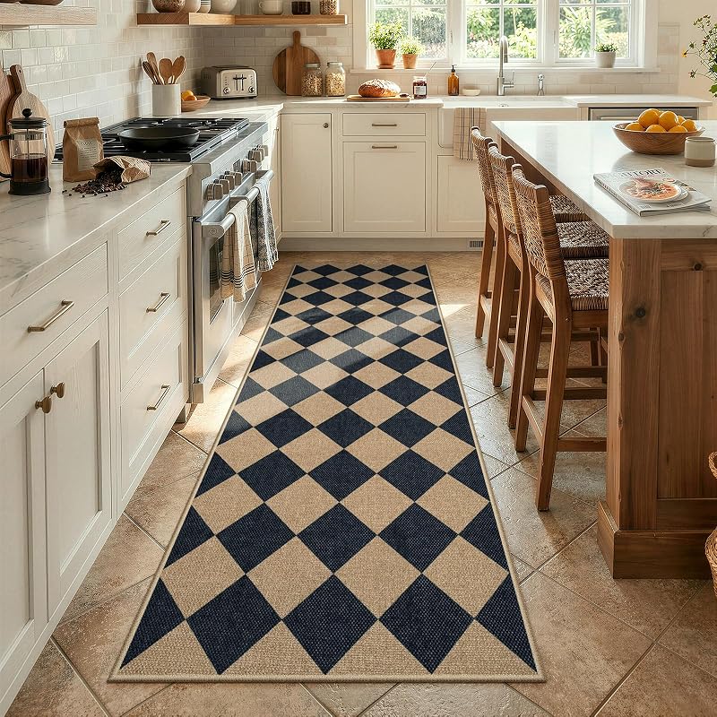 Lahome Checkered Easy Jute Non Slip Kitchen Runner, 2'6"x8' Washable Hallway Runner Rug Outdoor Black Carpet for Entryway Indoor, Checkerboard Indoor Outdoor Carpet for Hallway 8ft Entry