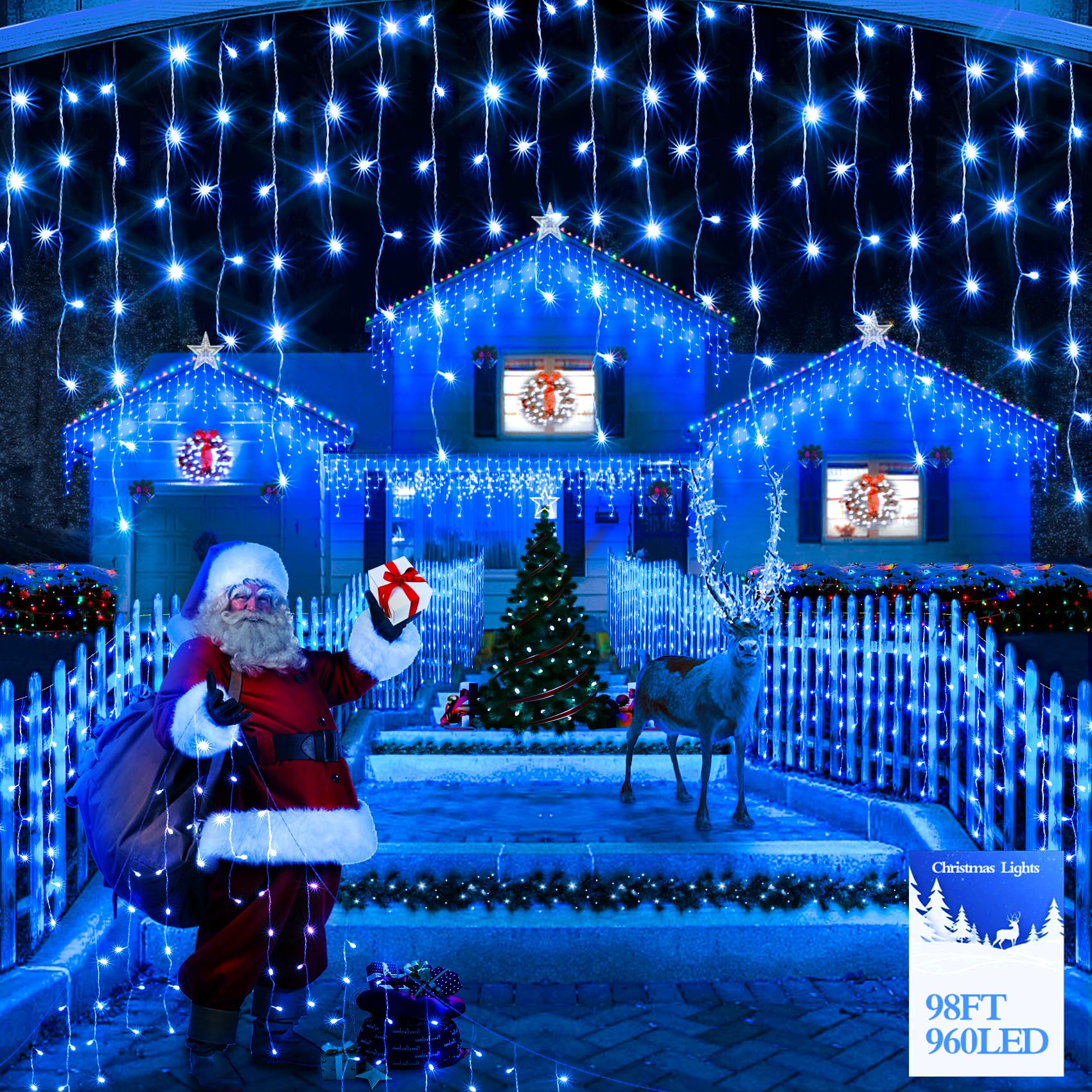 FLVOECN 30M 960 LED Christmas Lights Plug in 12 Modes with Timer Dimmable Christmas Decorations Outdoor Waterproof Indoor Curtain String Lights for Roof Garden Holiday Wedding Party Decor Blue