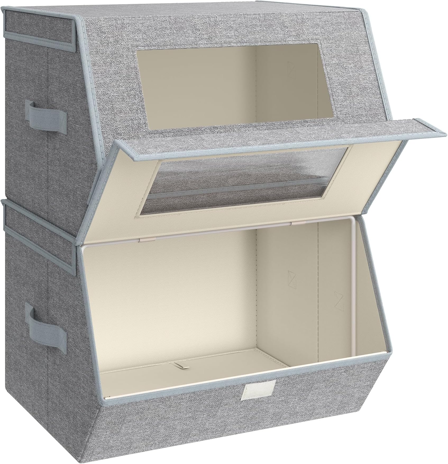 Stackable Storage Bins, Set of 2, with Lids and Front Windows | Closet Organizers, Linen-Look Non-Woven Fabric, Magnetic Closures, Side Handles, Gray, TINA Collection URLB002W01