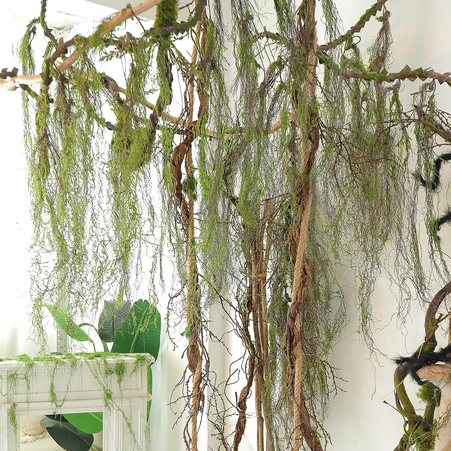 63inch Rustic Curly Artificial Weeping Willow Branches Faux Twisty Wood Curtain Tree Spooky Fall Long Vine Hanging Green Moss Twigs Garland For Wall Jungle Fireplace Halloween Patio Porch Decoration