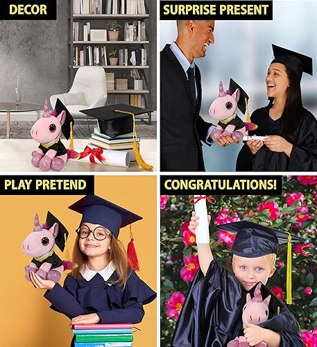 Miniatura 4 de DolliBu Sparkle Eyes - Peluche de unicornio rosa de graduación, vestido de peluche de graduación súper suave y gorra con borla, regalo con