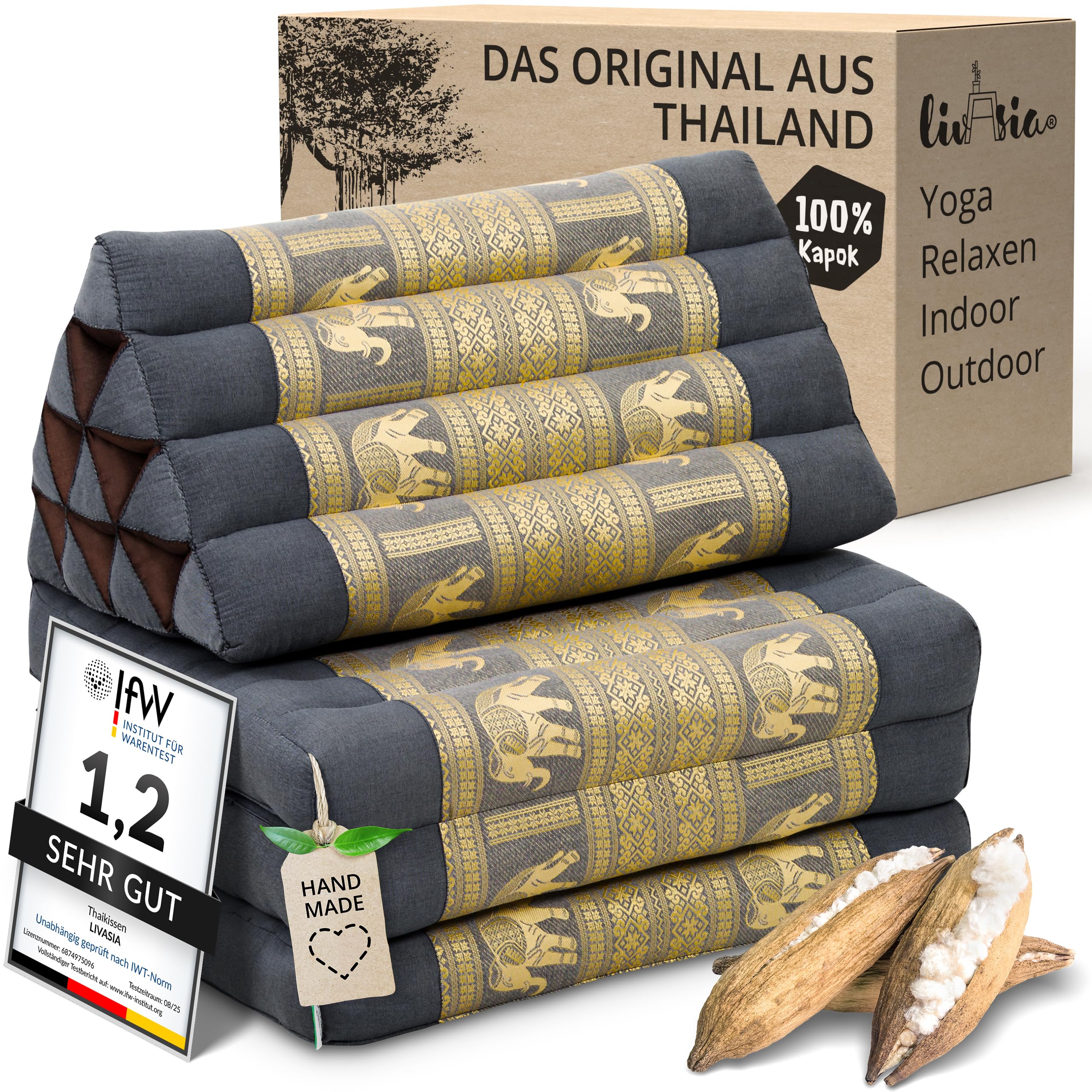 livasia Thaikissen 3 Auflagen Thaiseide - 175x55x8cm - Dreieckskissen mit Klappmatratze, Rückenkissen faltbar, Thaimatte zum Klappen, Kapok handgefertigt, Meditationskissen (Grau/Elefanten Seide)