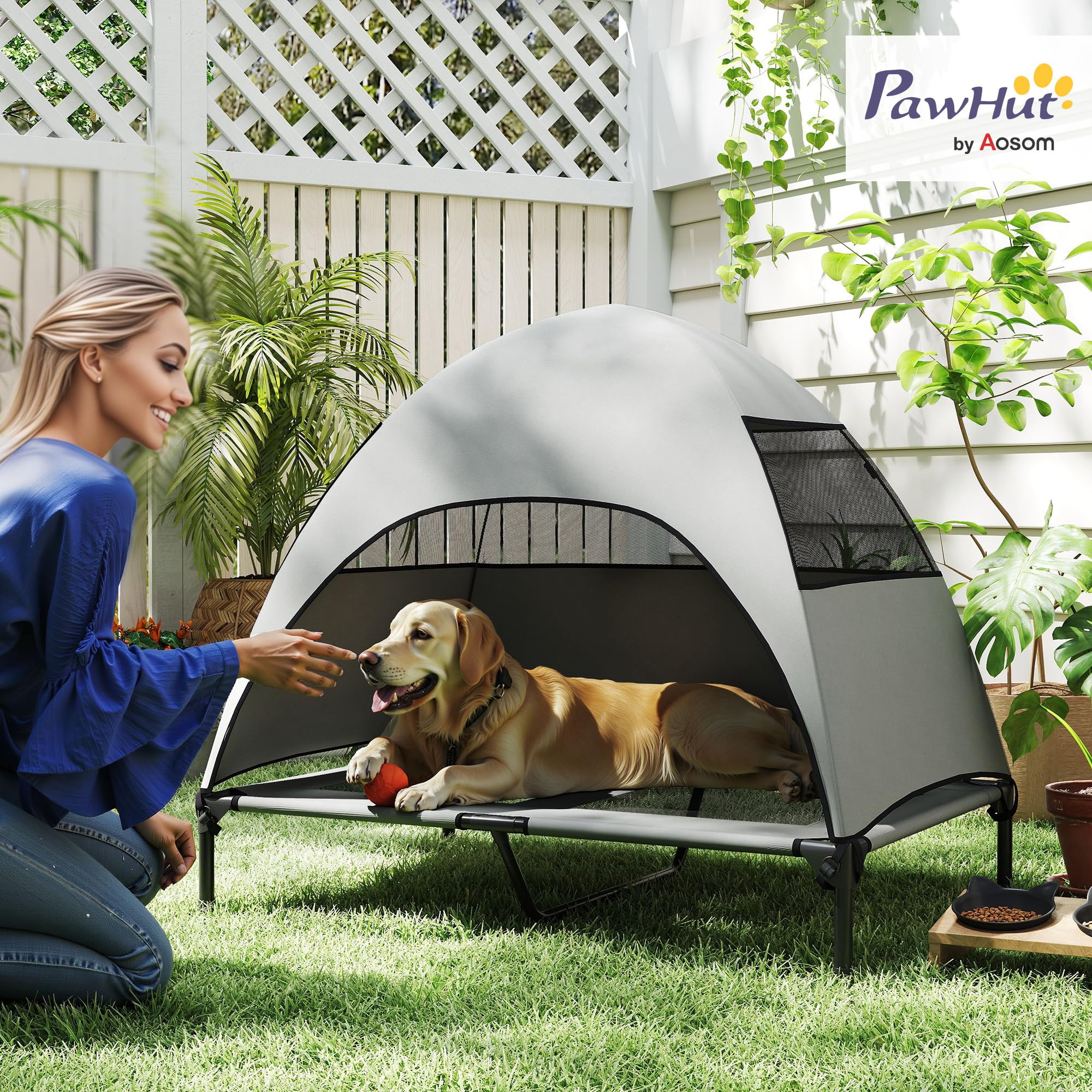 PawHut Tumbona para perros para exteriores con techo, cama elevada para perros grandes, cama para mascotas con marco de acero de malla lavable, bolsa de transporte, cama para mascotas para exteriores