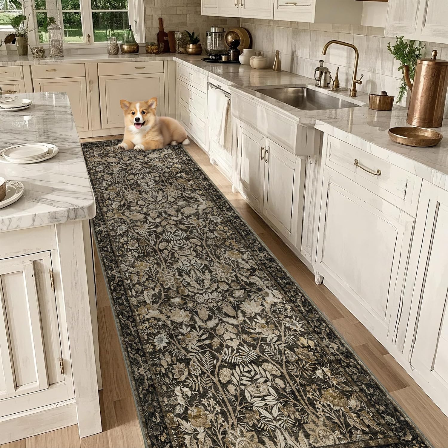 Brown 2x6 Runner Rug: Vintage Floral Washable Rugs for Entryway Hallway Bedside Kitchen Indoor - Soft Non-Slip Stain Resistant Low Pile Carpet - Brown and Gold