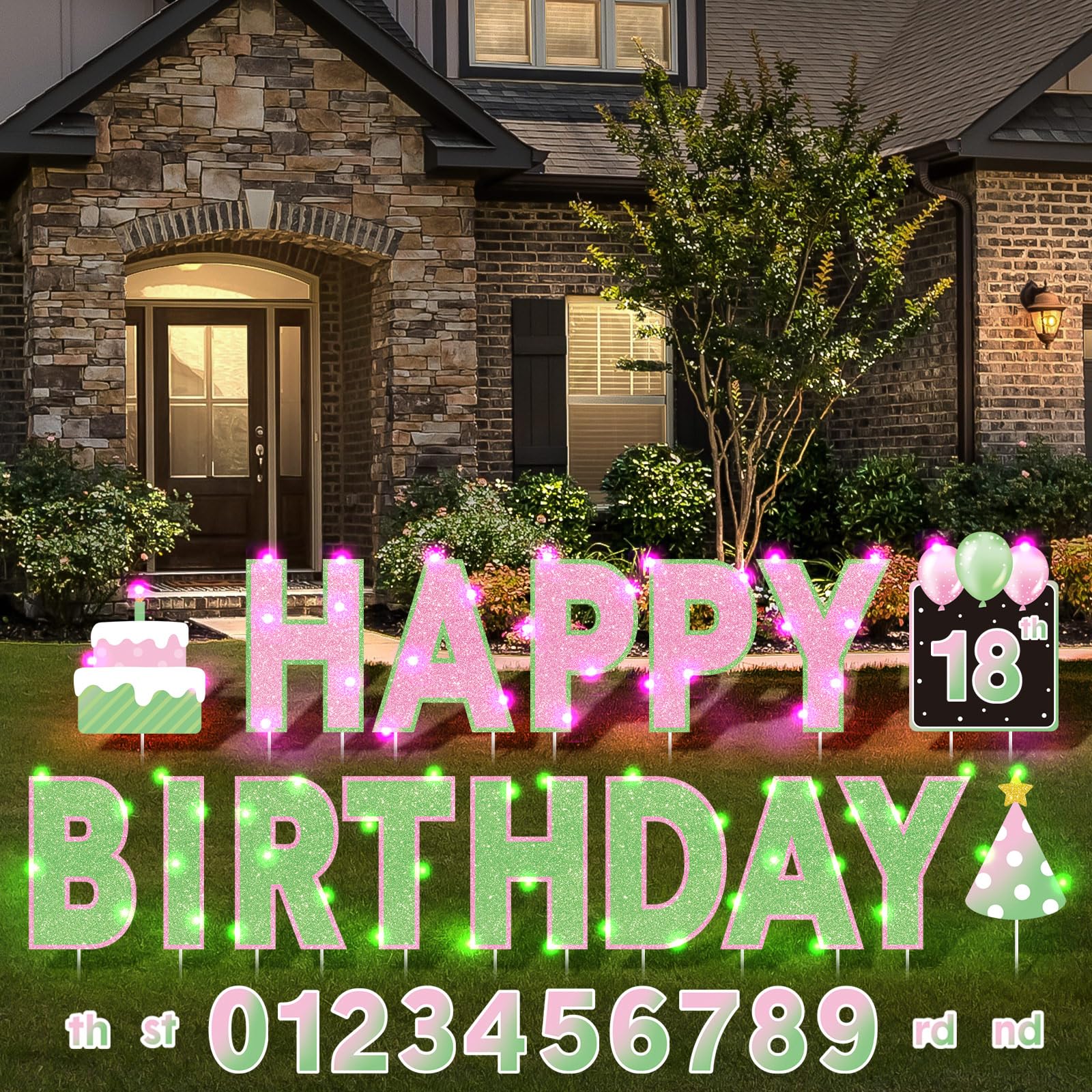 Lettres lumineuses DEL 34 cm et guirlande 10 m rose et vert pour anniversaire