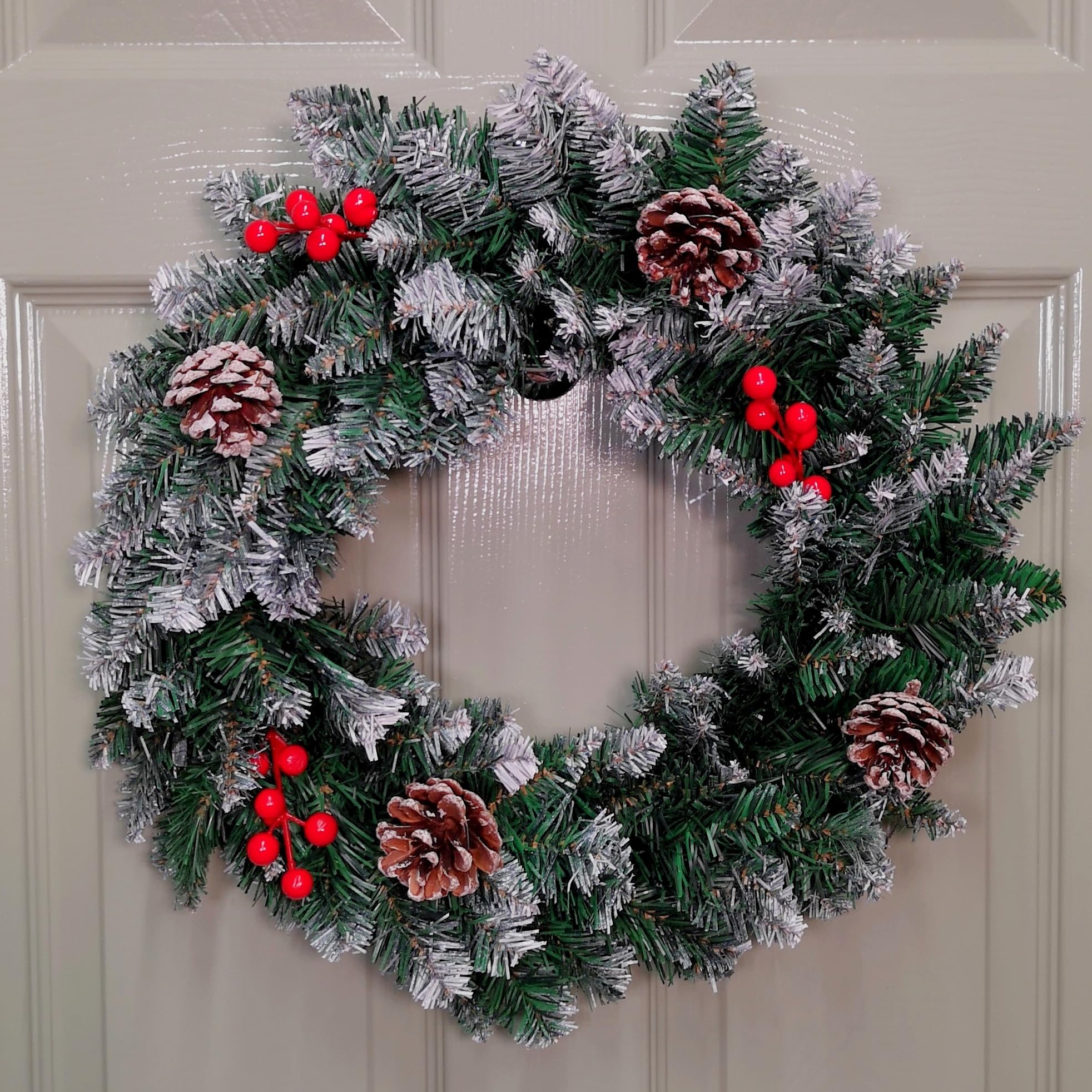 Samuel Alexander 45cm Snow Tipped Green Wreath - 125 Tips, Pine Cones, Berries - Christmas Decoration