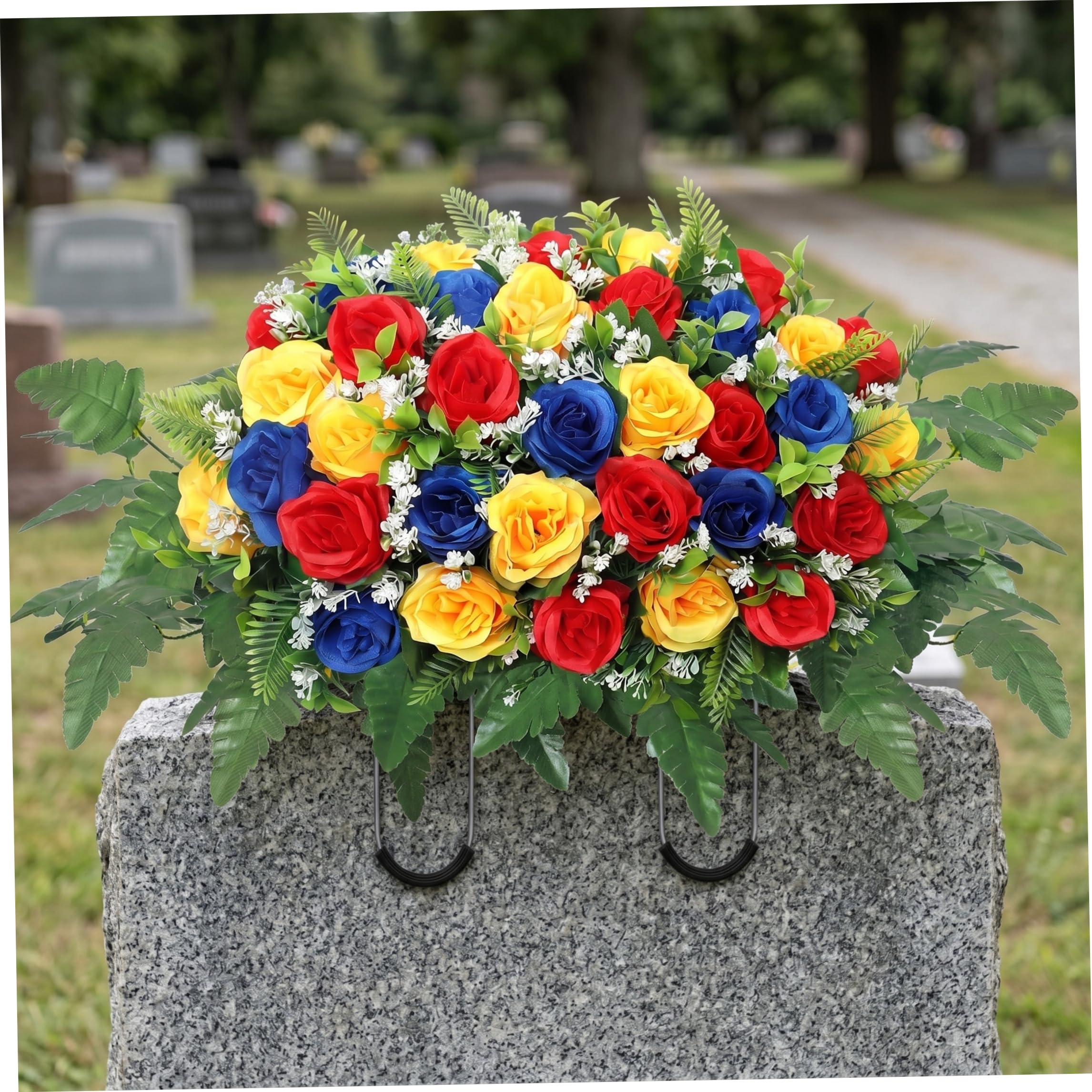Faticenic Headstone Flower Saddle, RealisiticMemorial Day Flowers For Cemetery, Outdoor Headstone Flowers (25.59x13.78 Inch), Cemetery For Grave, For