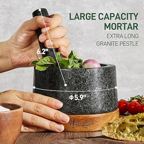Miniatura 2 de Juego de mortero y mortero grande de 6 pulgadas con base de madera antiarañazos, mortero resistente y mortero hecho de granito natural (negro)