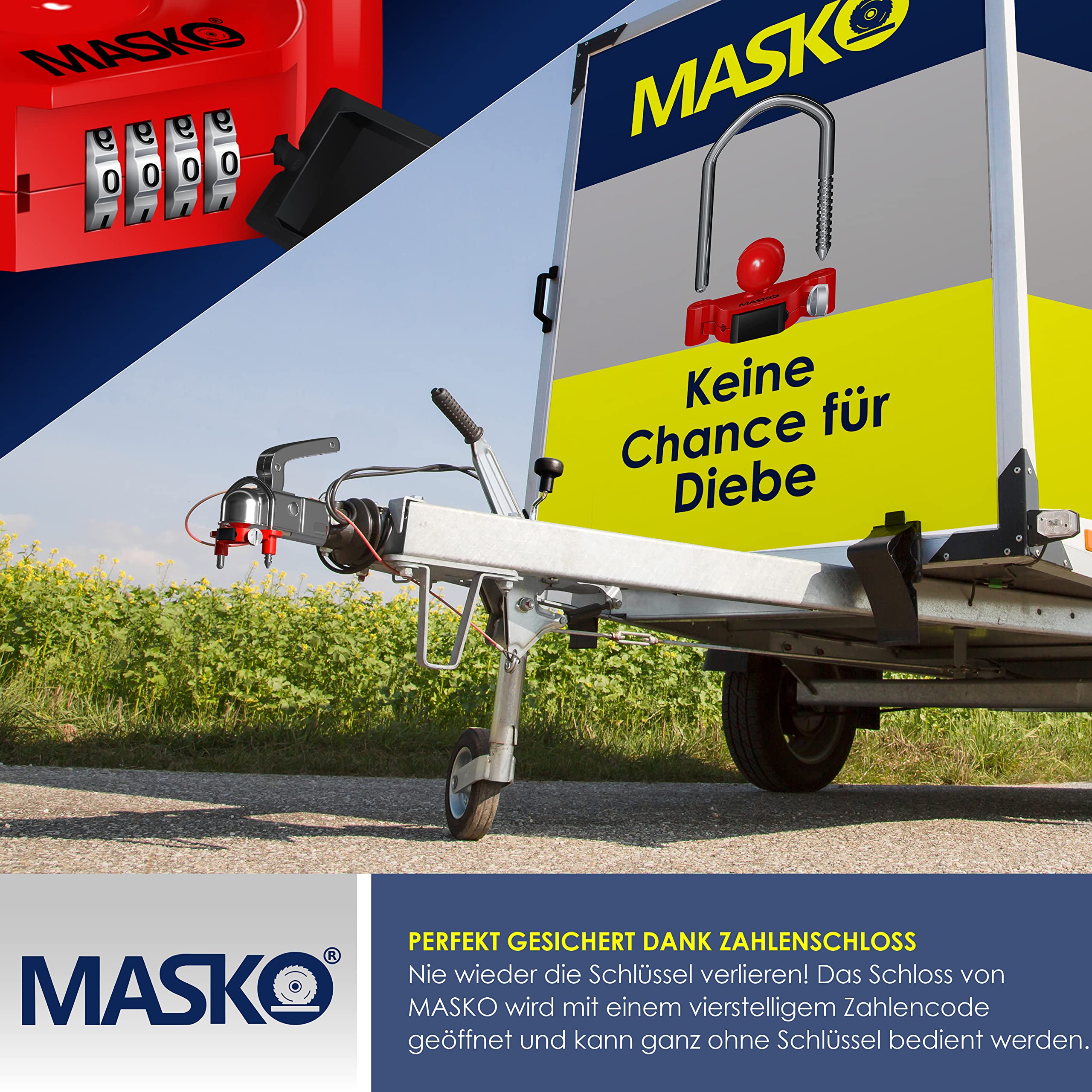 MASKO® Antivol à combinaison avec code à 4 chiffres pour attelage de remorque courants - Montage facile - Protection antivol - Caravane - Anse de remorquage - Anse en acier - Rouge