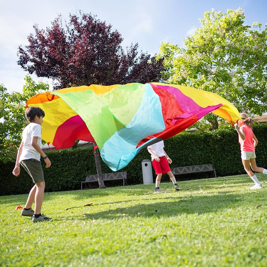Rettebovon Parachute For Kids With 12 Handles Multi-Purpose Waterproof 12ft Play Parachute Toy Games For Team Games,You Can Also Use It For Picnic Mat And Furniture Cover, 12ft