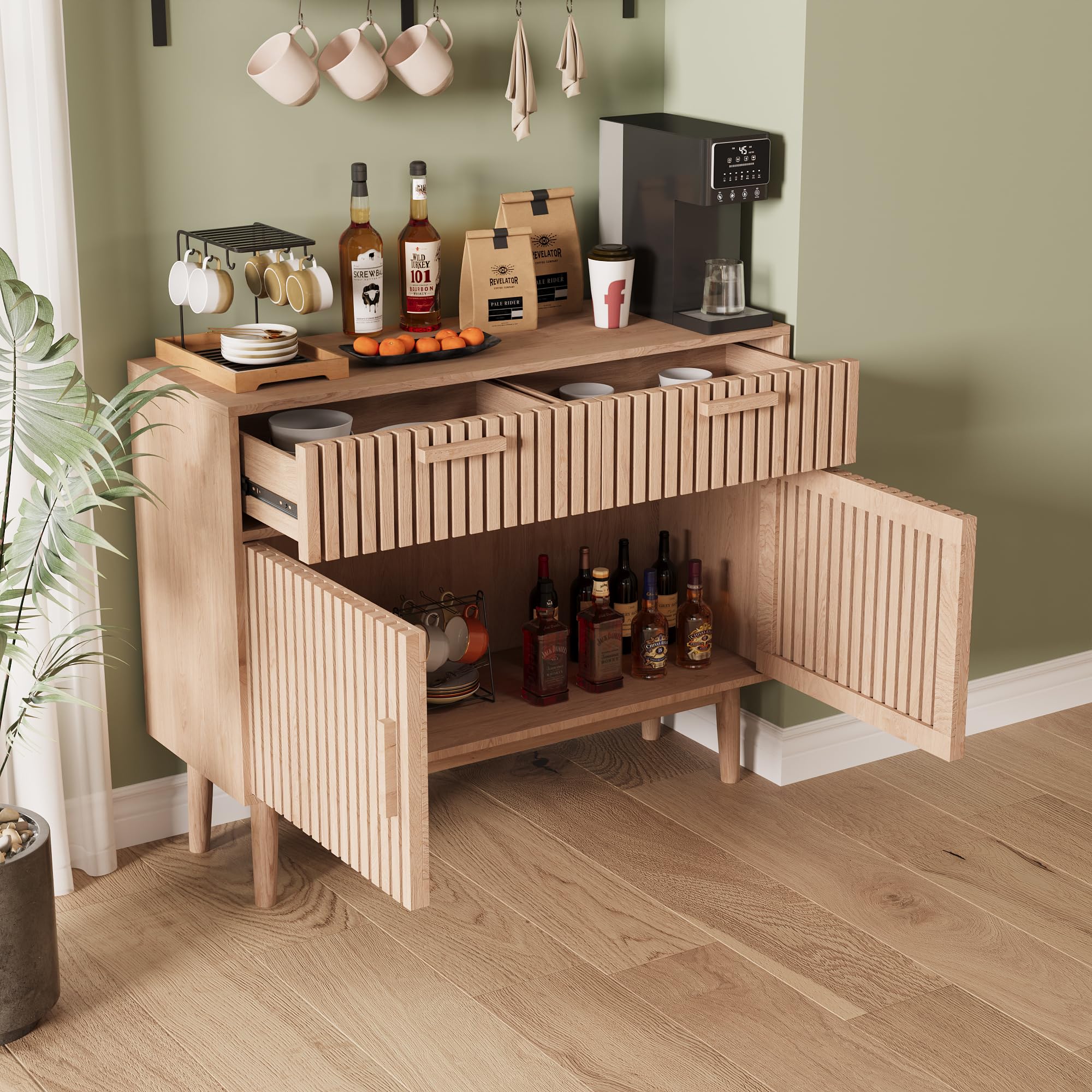 FEEOHOME Buffet Bas, Meuble de Rangement avec 2 Tiroirs et 2 Portes, Commode Multifonctionnel en Bois, Armoire de Cuisine pour Salon, Cuisine, Bureau, 35 x 100 x 80 cm
