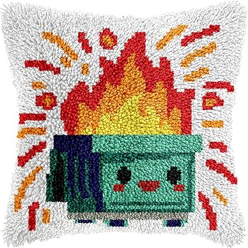 QIONG MENG Latch Hook Kits for Adults, DIY Dumpster Fire Pattern Pillow Cover Kit Needlework Cushion Cover Hand Craft Crochet for Home Sofa Decorations 17 x 17 Inch