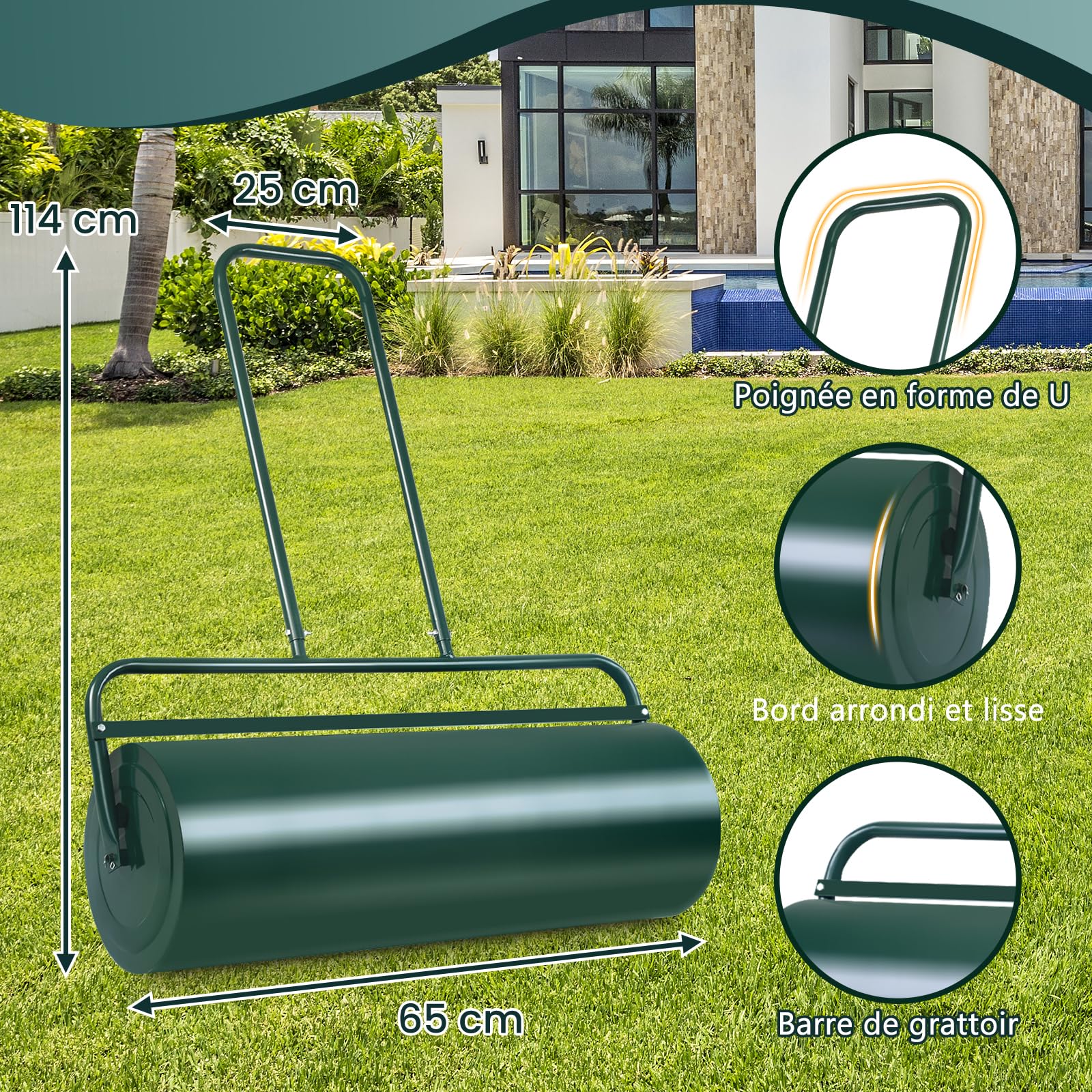 RELAX4LIFE Rouleau à Gazon avec Réservoire pour Le Jardin, Construction en Acier avec Pare-Boue, Volume de Remplissage de Sable ou l’Eau : 48 L, φ32cm, Largeur 65 CM, Hauteur : 114 CM, Vert