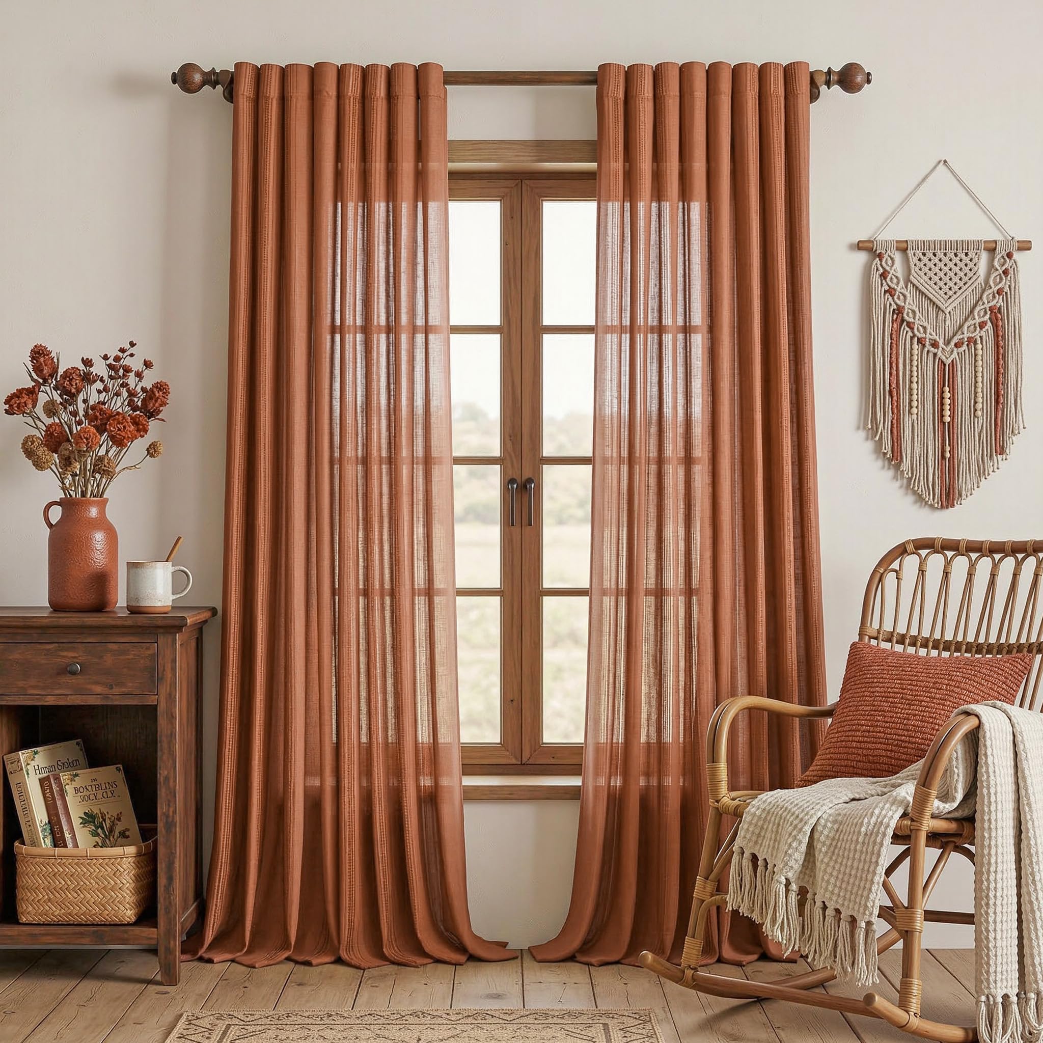 Cortinas Terracota Otoño Boho con Ojales, Lino Vintage con Agujeros Tejidos, Macramé, Crochet para Cocina, Salón, Dormitorio Moderno, Semitransparente, Estilo Campestre, Naranja, 140x245cm, 2 Piezas