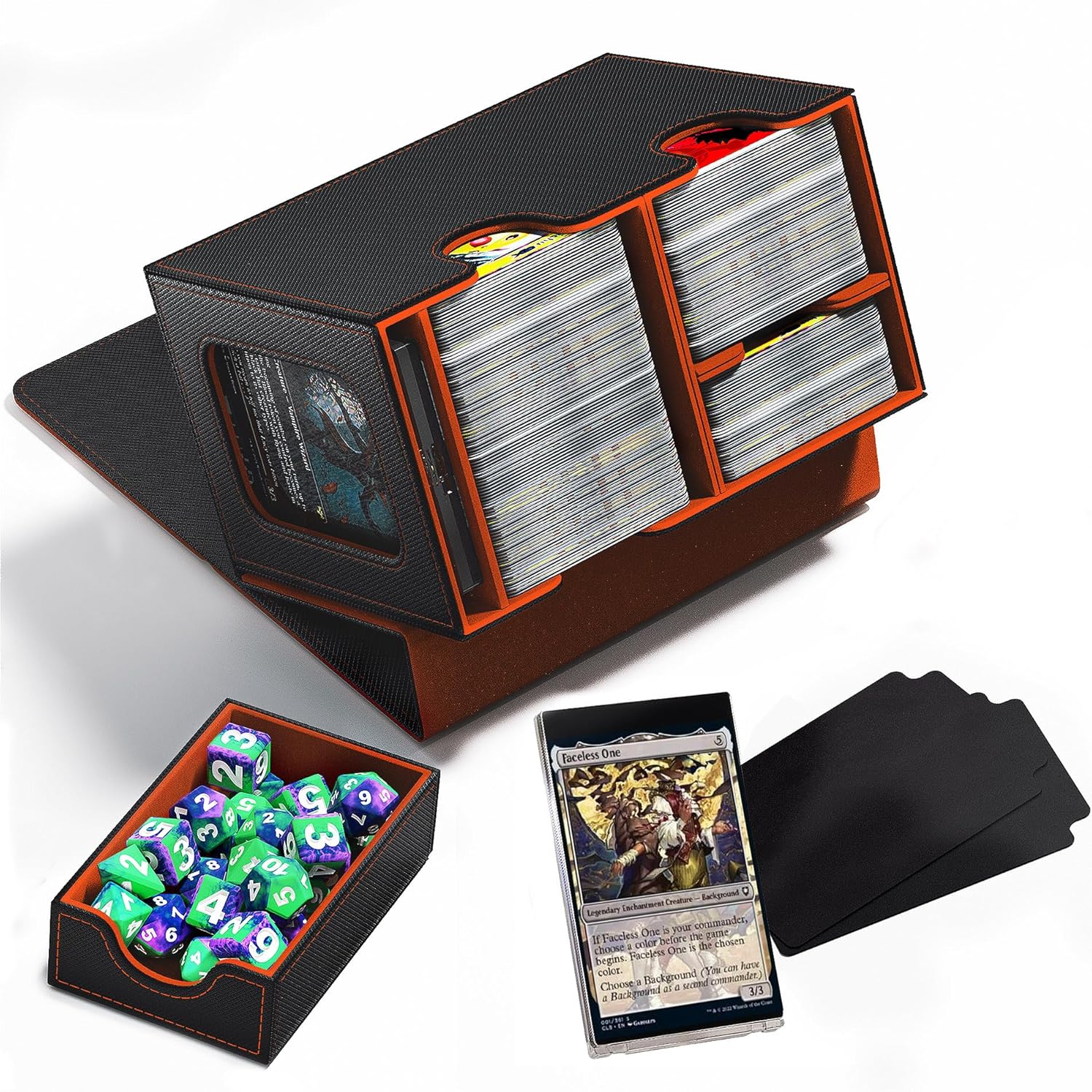 Commander Deck Showcase Box with Dice Tray, Holds up to 280+ Cards Trading Card Storage Box Fits TCG MTG YuGiOh - Patented Design, Packed with 2 Dividers & 35PT Card Brick (Black/Orange)