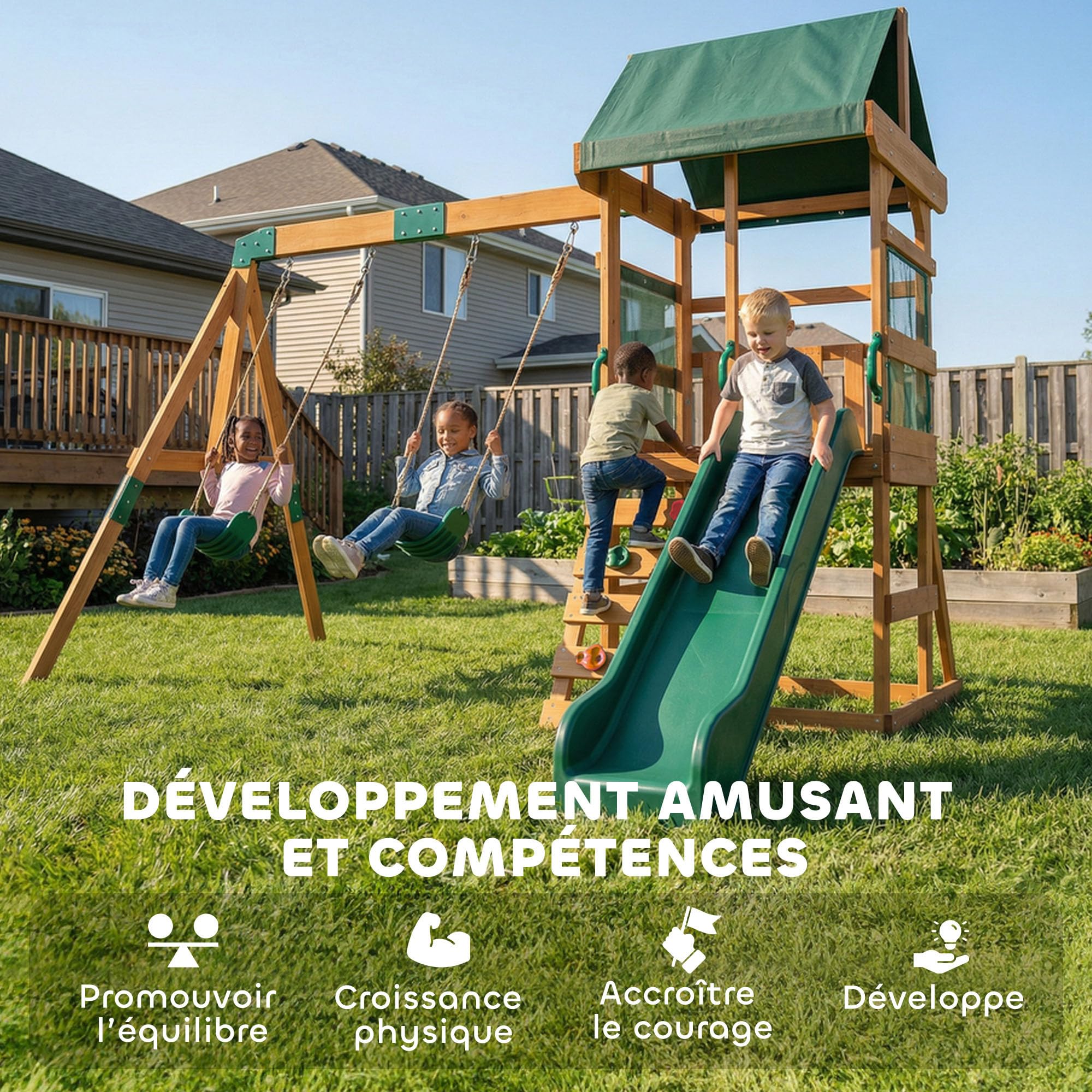 AIYAPLAY Aire de Jeux portique en Bois 2 balançoires Toboggan 3-8 Ans | Mur d'Escalade et Terrasse Couverte, Tour d'escalade pour enfants