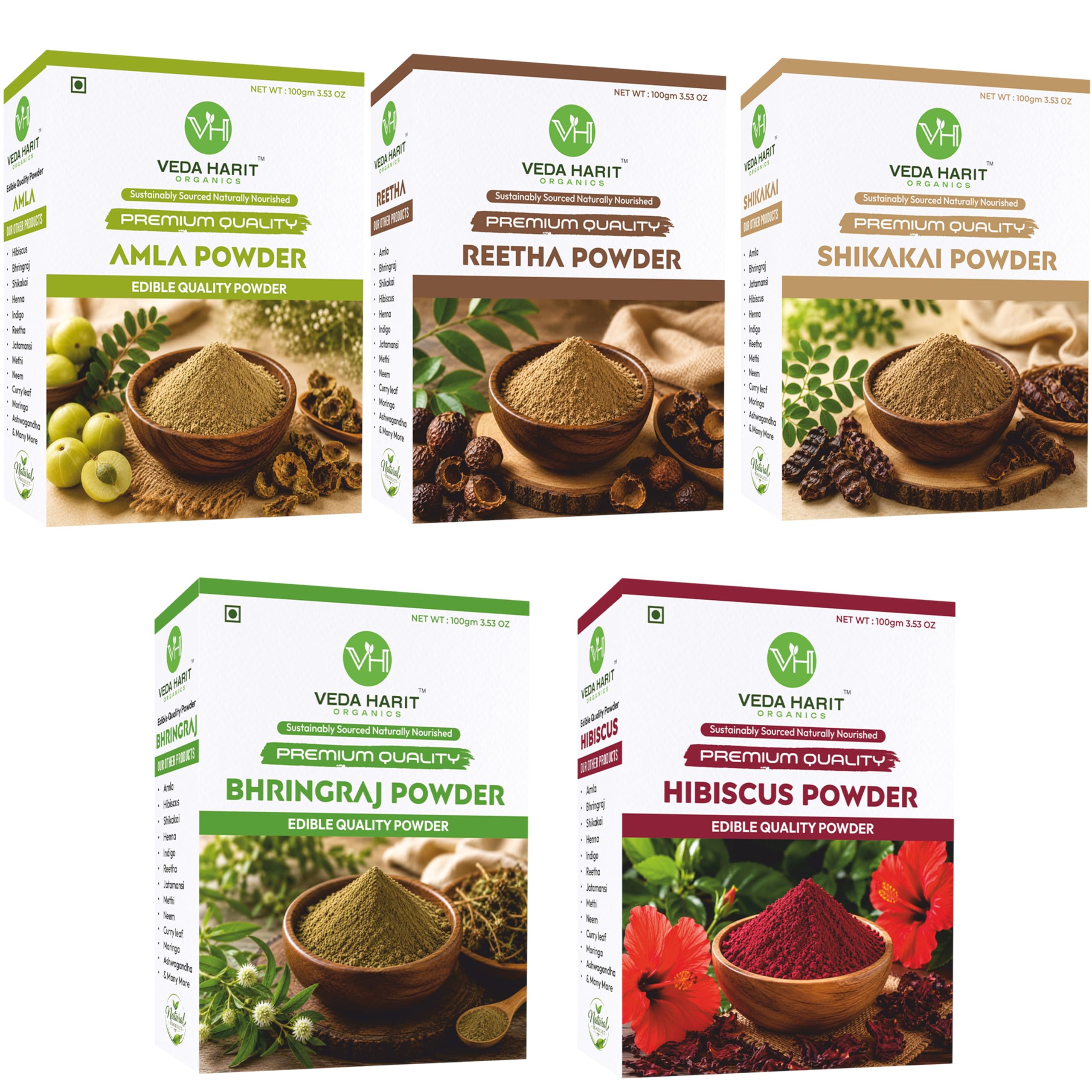 Veda Harit Amla Reetha Shikakai Bhringraj Hibiscus Powder Combo Pack 500g | 100g Each Pack of 5 | Natural Herbal Hair Pack Powder | DIY Hair Mask | Fine Herbal Hair Care Powder | For Men & Women-image-15