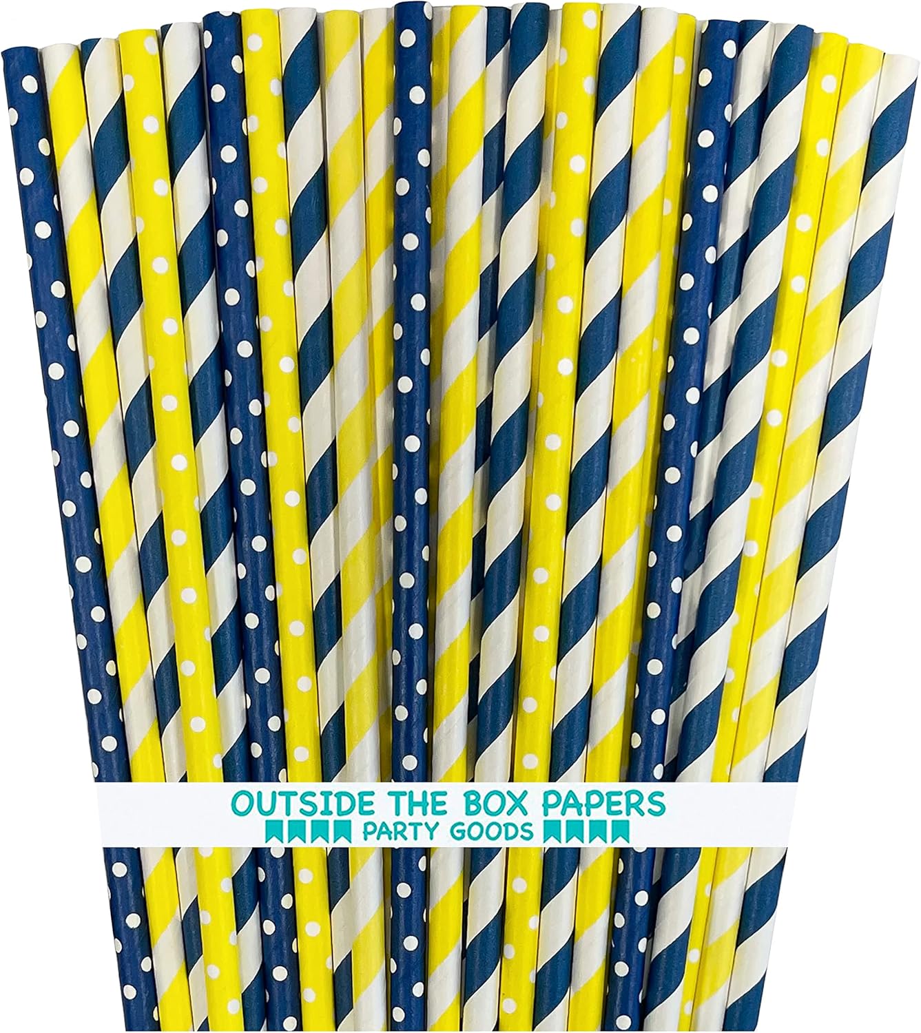 Navy Blue Yellow and White Paper Straws Stripe Polka Dot