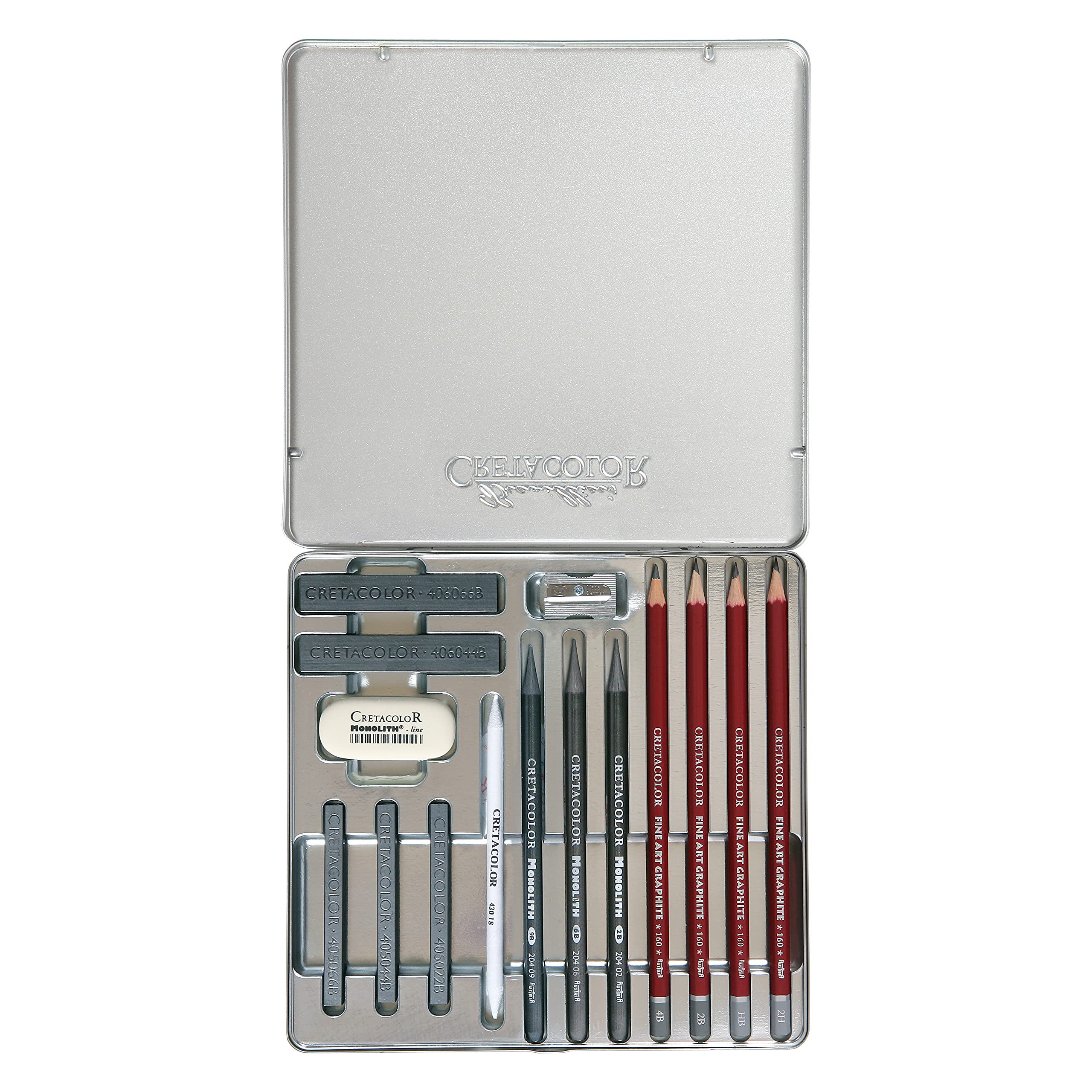 CRETACOLOR Silver Box Graphite Drawing Set, set de dessin en graphite, 15 pièces, pour débutants et professionnels, dans un étui métallique, y compris gomme