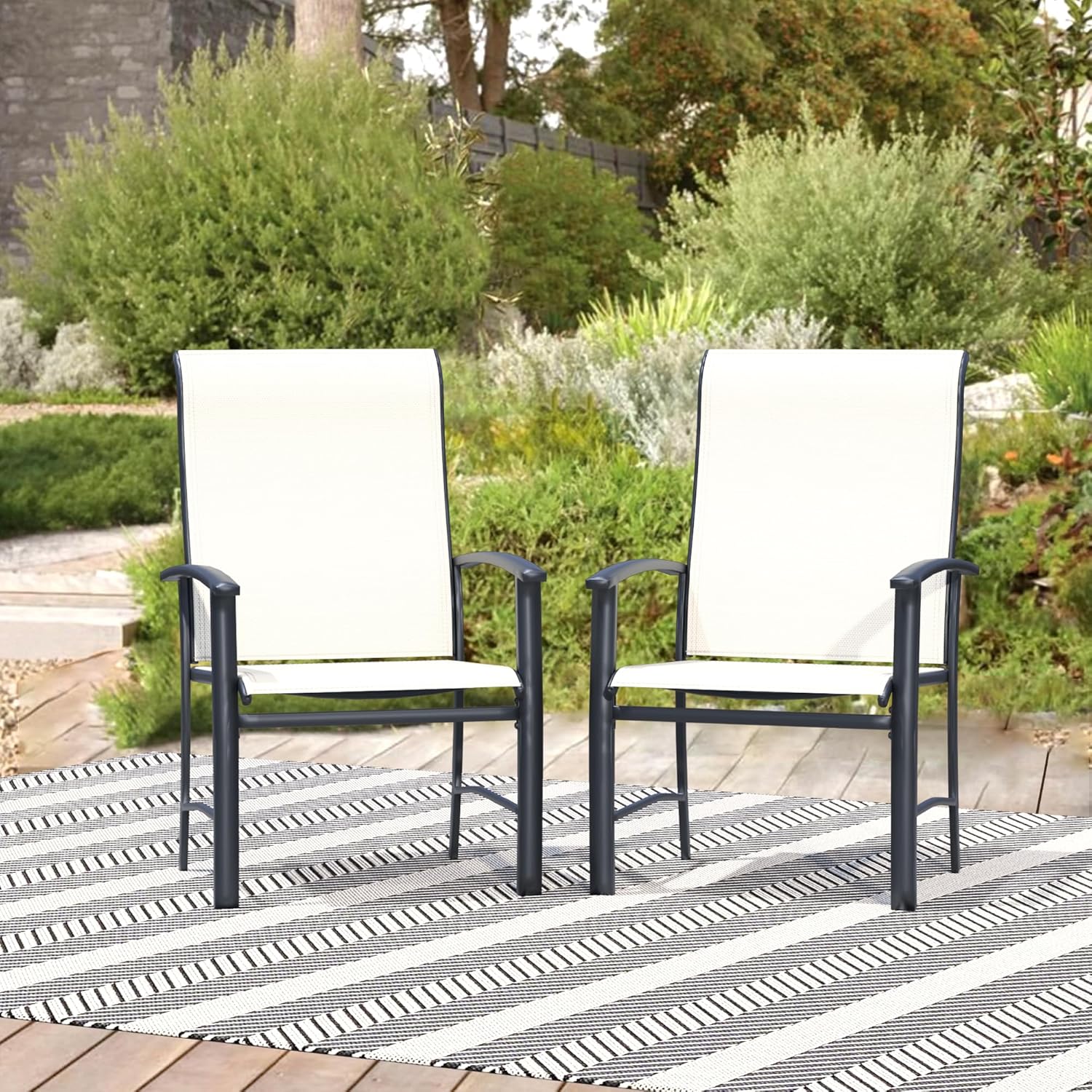 Patio Chairs Set of 2, Outdoor Chairs for Patio with High Back, Metal Outdoor Dining Chair with Armrest for Lawn Deck Garden Balcony Porch Backyard, Oyster Beige