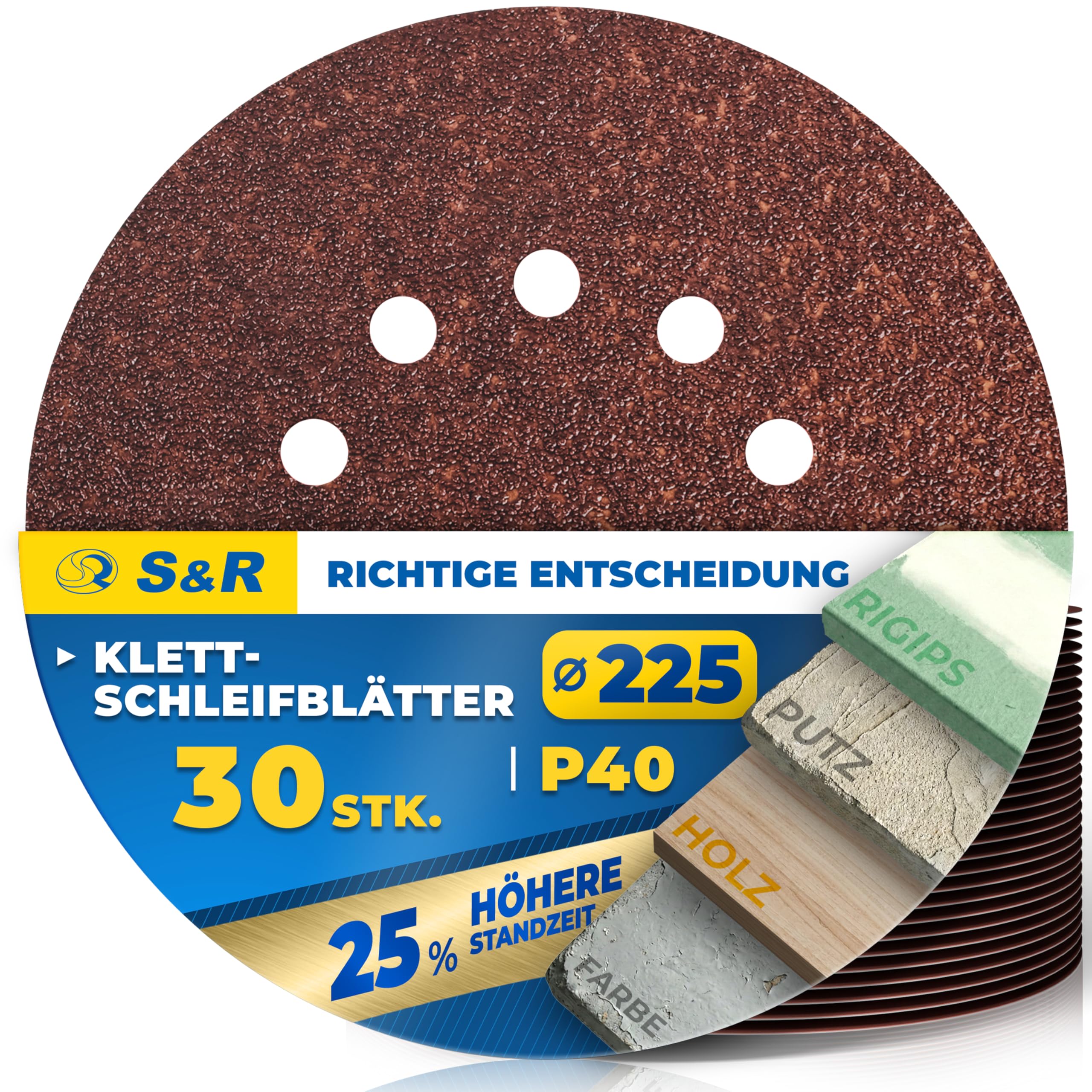 S&R Schleifpapier 225mm Klett P40, 10-Loch, Schleifgiraffe 225mm Schleifscheiben, 30-tlg für Exzenterschleifer, Langhalsschleifer (Schleif-Giraffe), Schleifpapier für Wand, Decke, Gipskarton