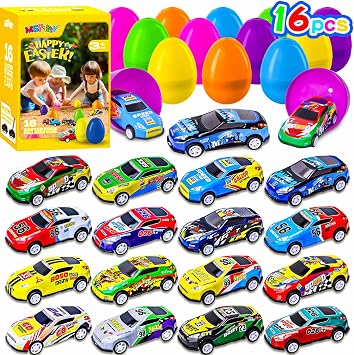 MGparty 16 PCS بيض عيد الفصح المعبأ مسبقًا مع سيارات السحب للخلف، ومحشو سلة عيد الفصح وألعاب صيد البيض للأطفال، وهدايا عيد الفصح لسيارات السباق للبنين والبنات، وحفلات الحفلات وجوائز الفصول الدراسية