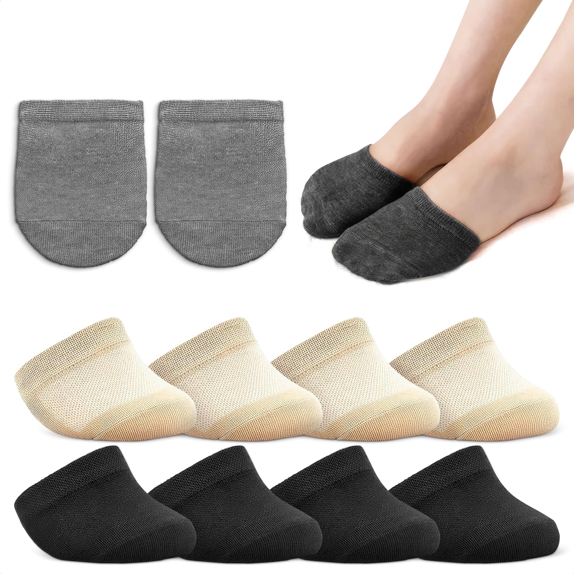 5 Pairs of Cotton Half Socks for Women Mules Size 6-9 - Non-Slip Design Toe Covers for Heels, Sports and Walking Shoes - Invisible, Breathable and Stretchy Half Sock Set in Skin, Black and Grey Colors