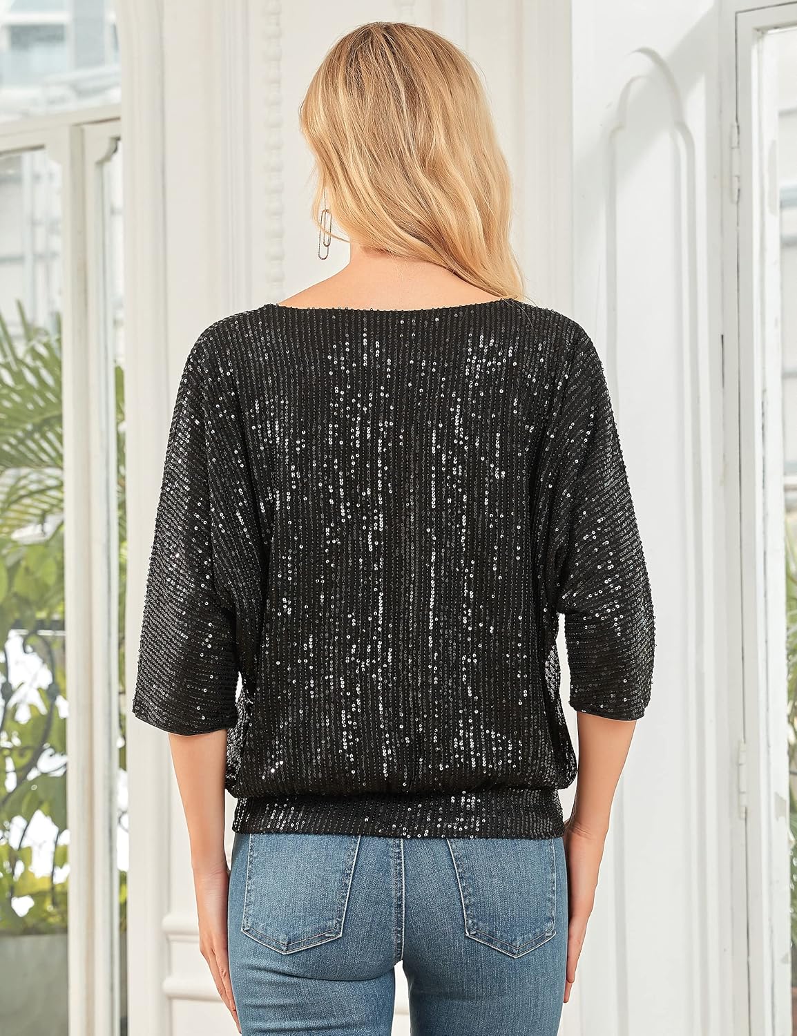 PrettyGuide Women's Sparkle Sequin Top Cut Out 3/4 Batwing Sleeve Loose Shimmer Glitter Party Dressy Tops - Image 4